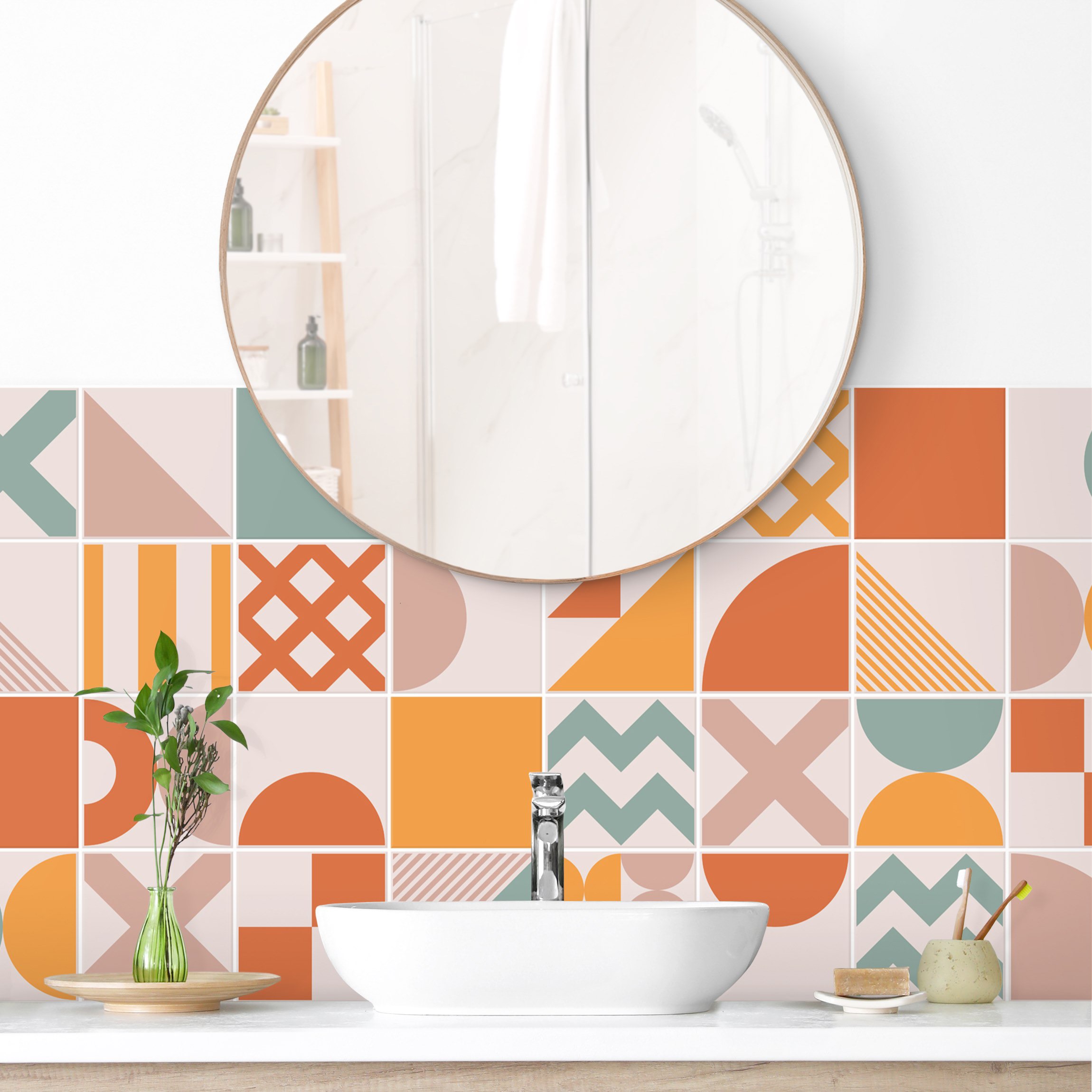 Wandverkleidung Bad Fliesen Geometrische Formen Apricot und Türkis