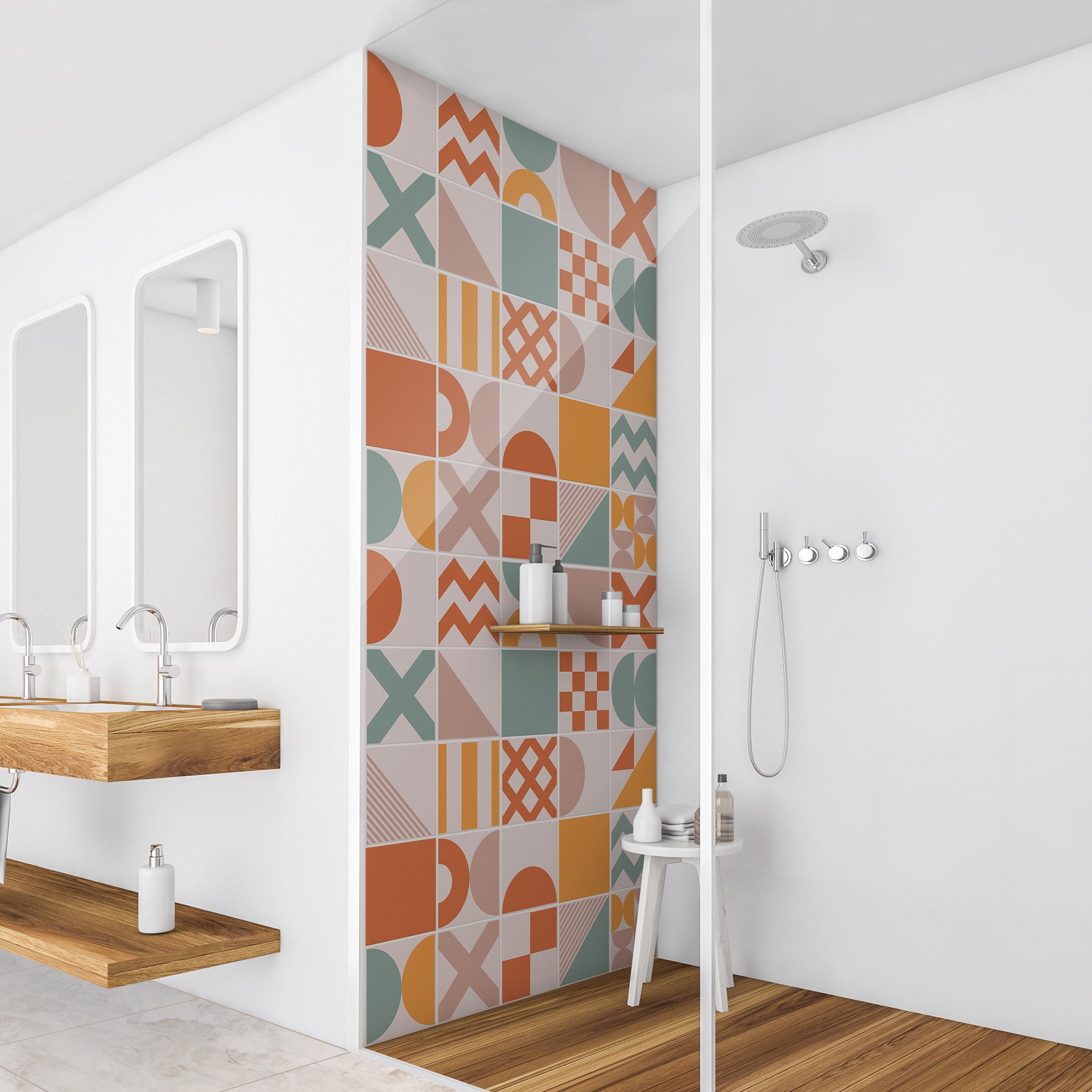 Duschrückwand Fliesen Geometrische Formen Apricot und Türkis