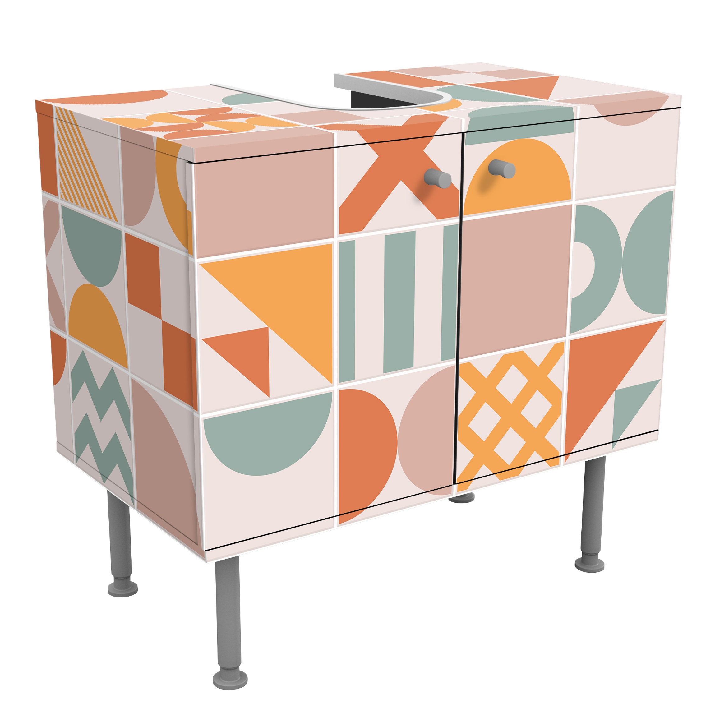 Waschbeckenunterschrank Fliesen Geometrische Formen Apricot und Türkis