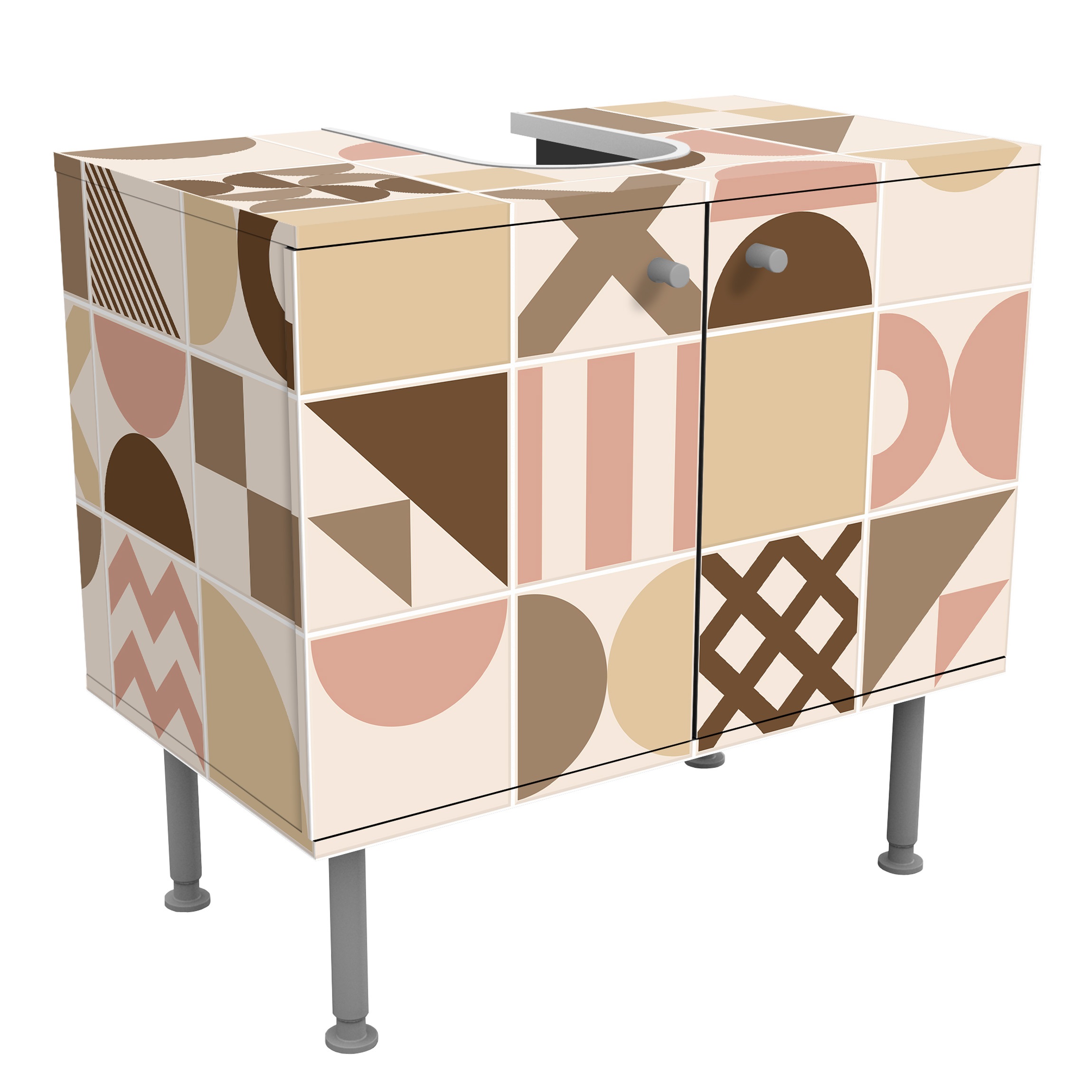 Waschbeckenunterschrank Fliesen Geometrische Formen Rosa und Beige