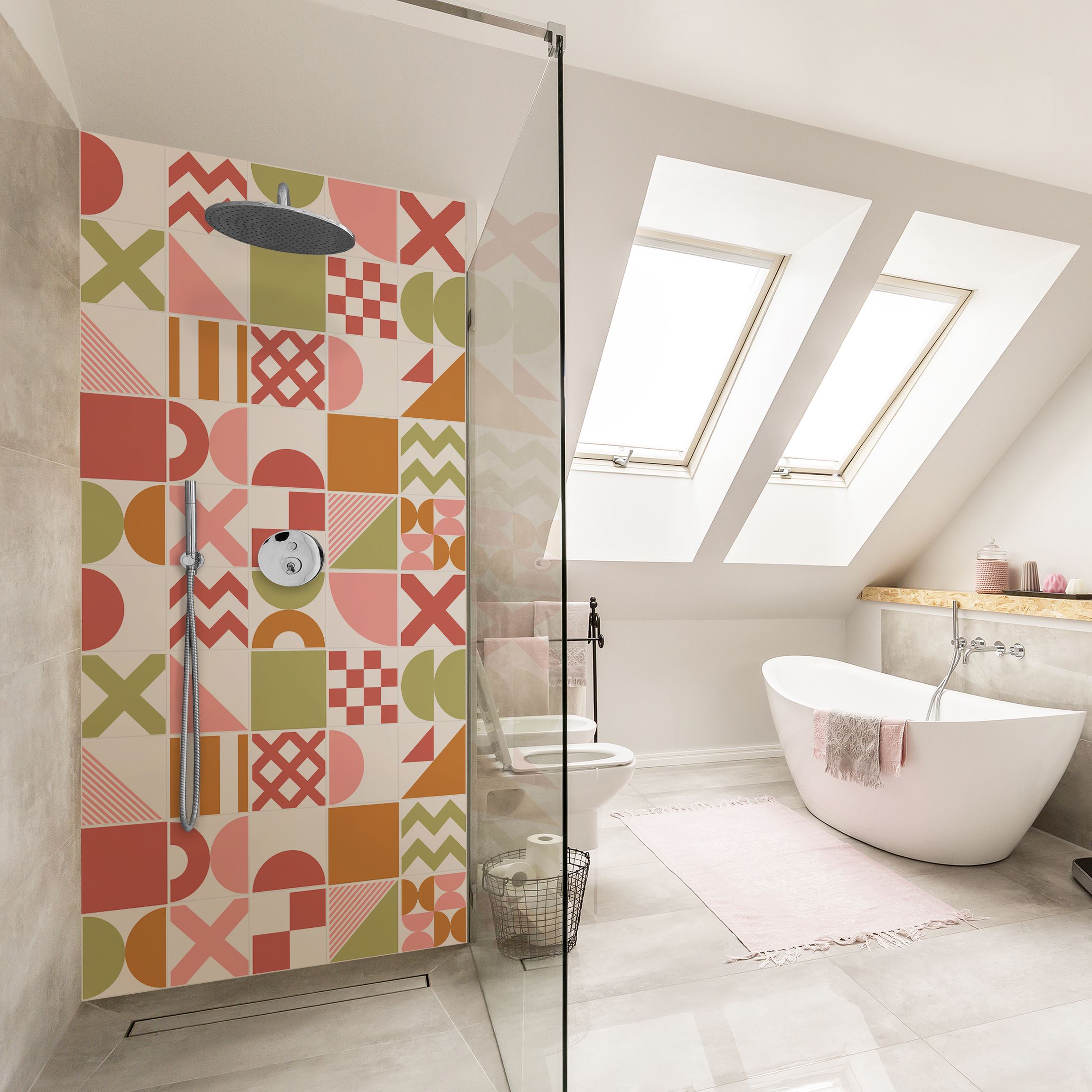 Duschrückwand Fliesen Geometrische Formen Rosa und Grün