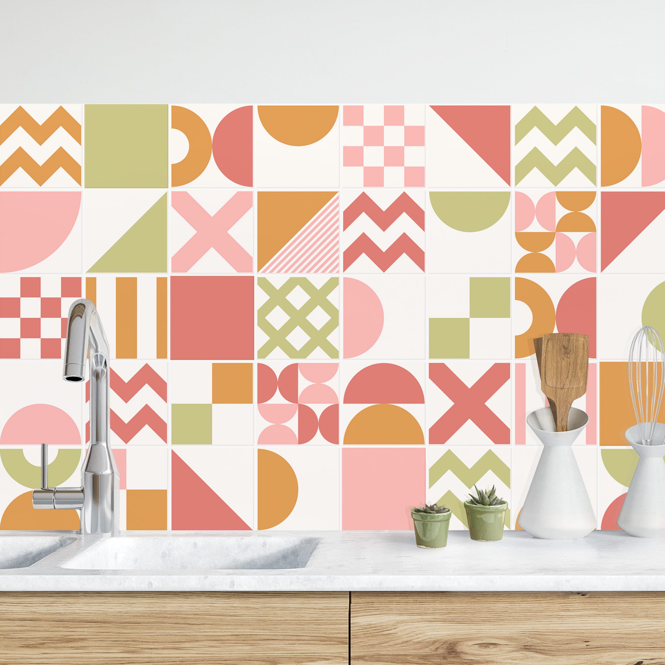 Küchenrückwand Fliesen Geometrische Formen Rosa und Grün