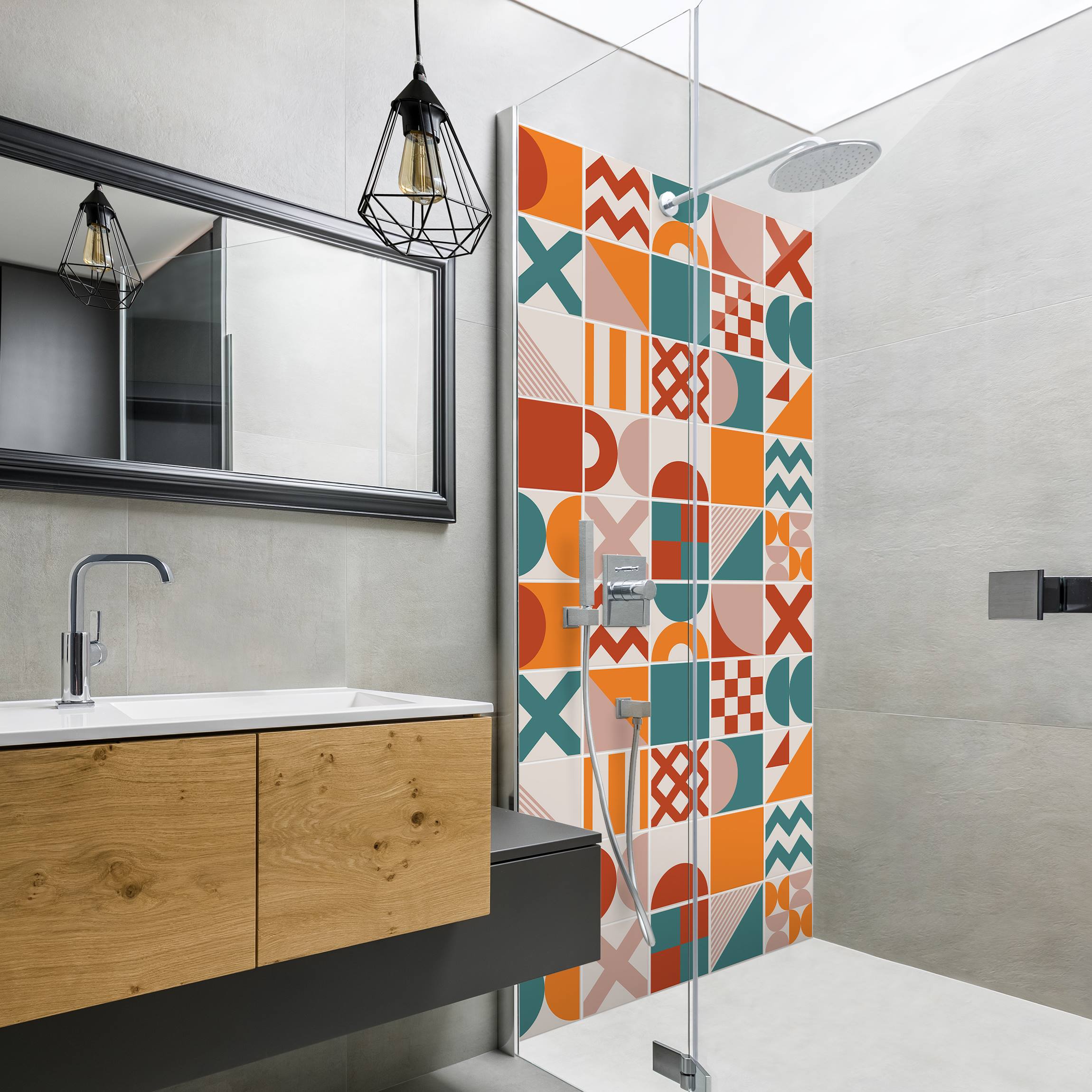 Duschrückwand Fliesen Geometrische Formen Terracotta und Petrol