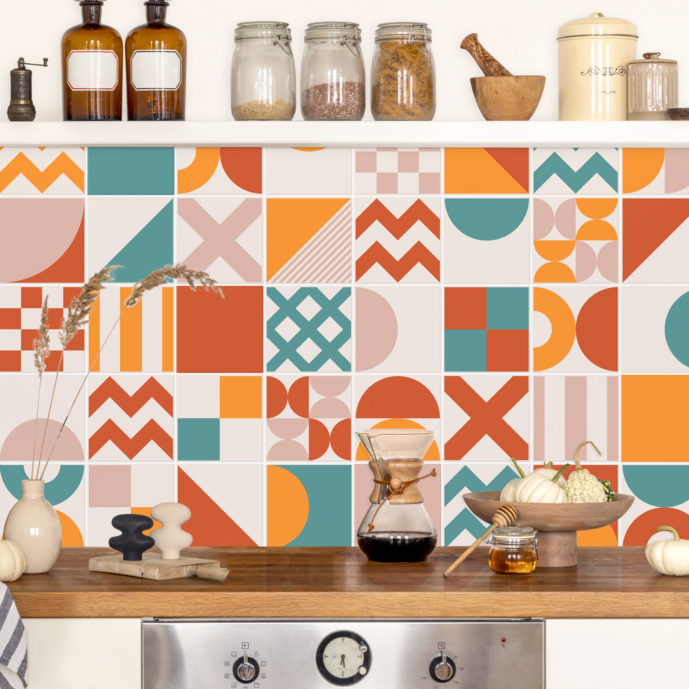Küchenrückwand Fliesen Geometrische Formen Terracotta und Petrol