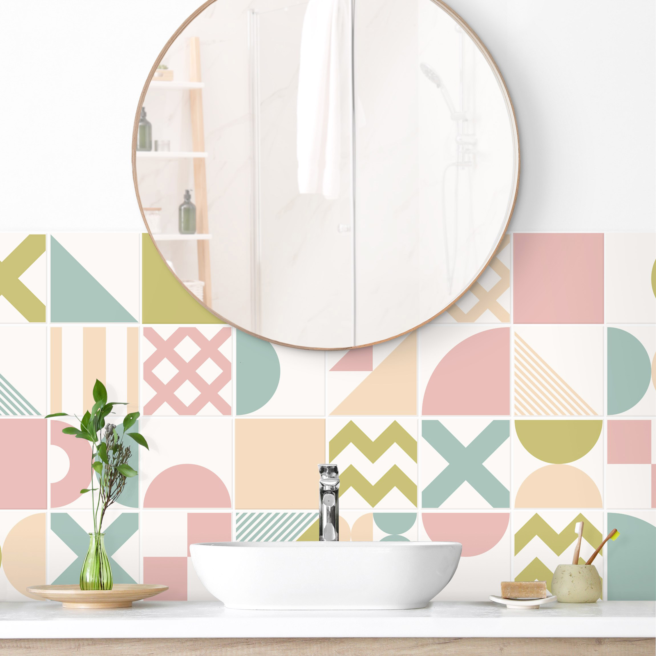 Wandverkleidung Bad Fliesen Geometrische Formen Türkis und Grün