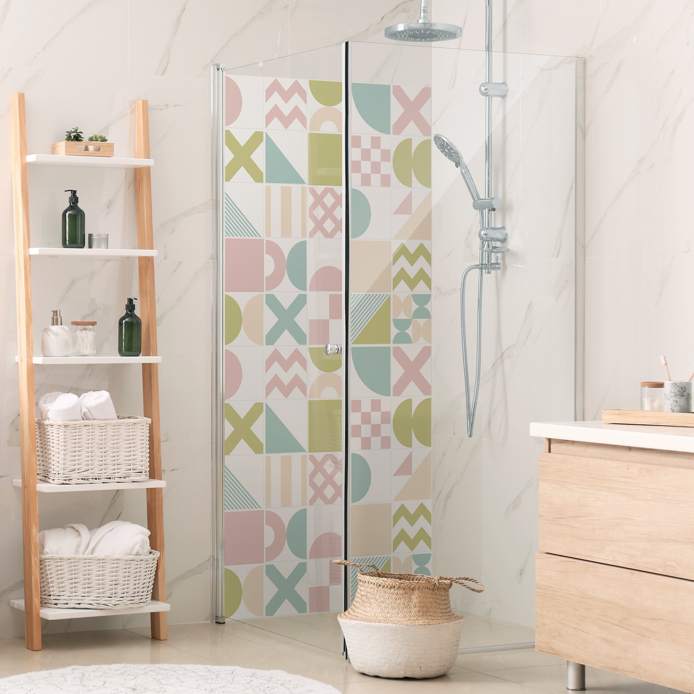 Duschrückwand Fliesen Geometrische Formen Türkis und Grün