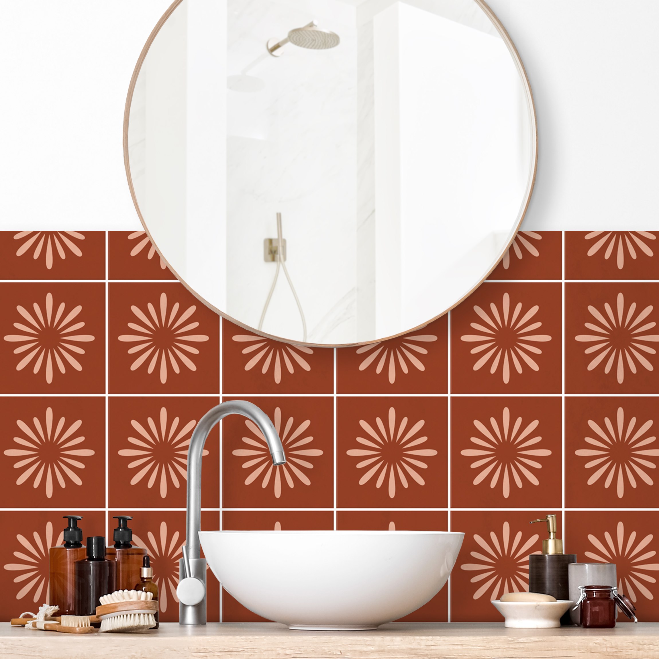 Wandverkleidung Bad Fliesen mit Blumen Terracotta