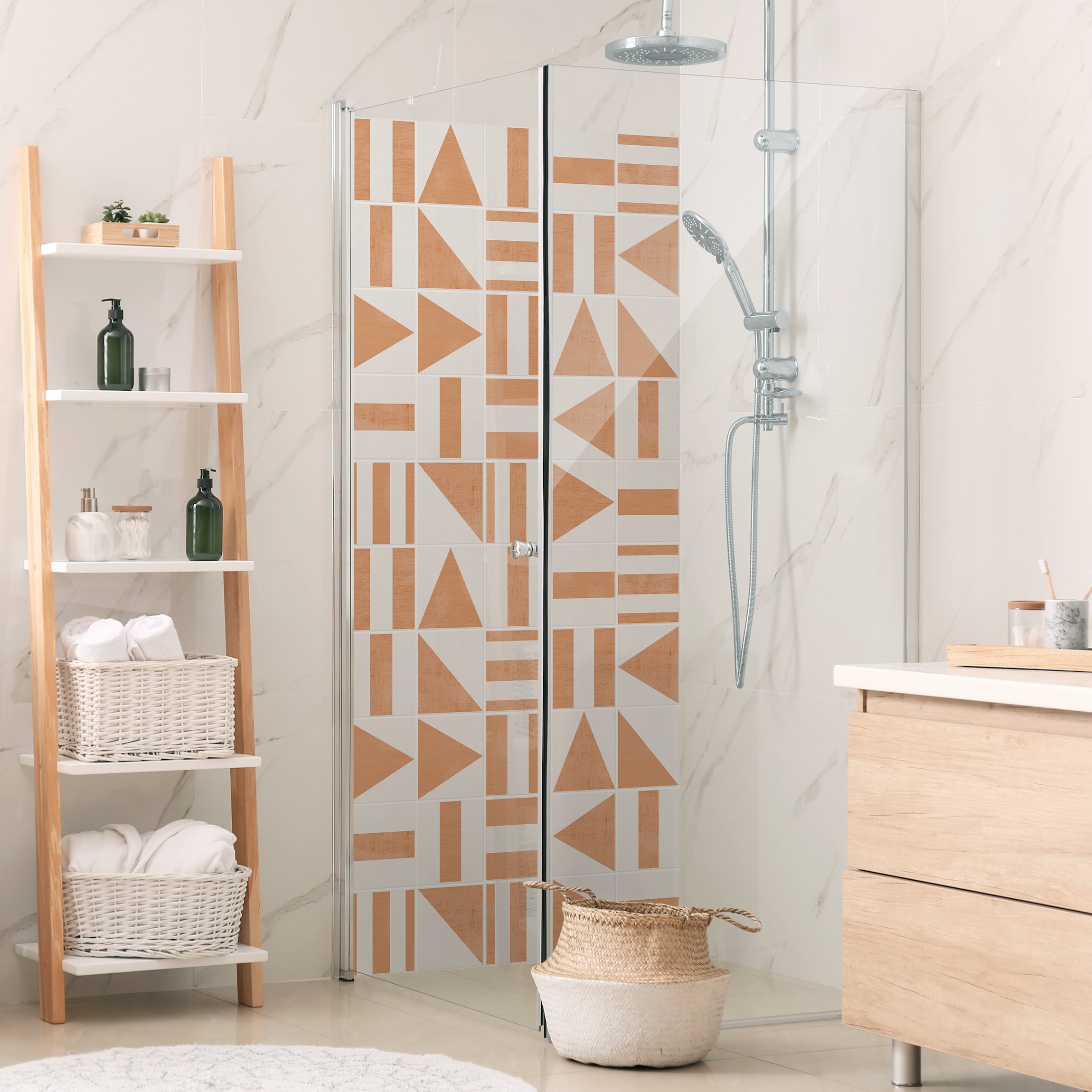 Duschrückwand Fliesen mit geometrischen Formen Apricot Shabby
