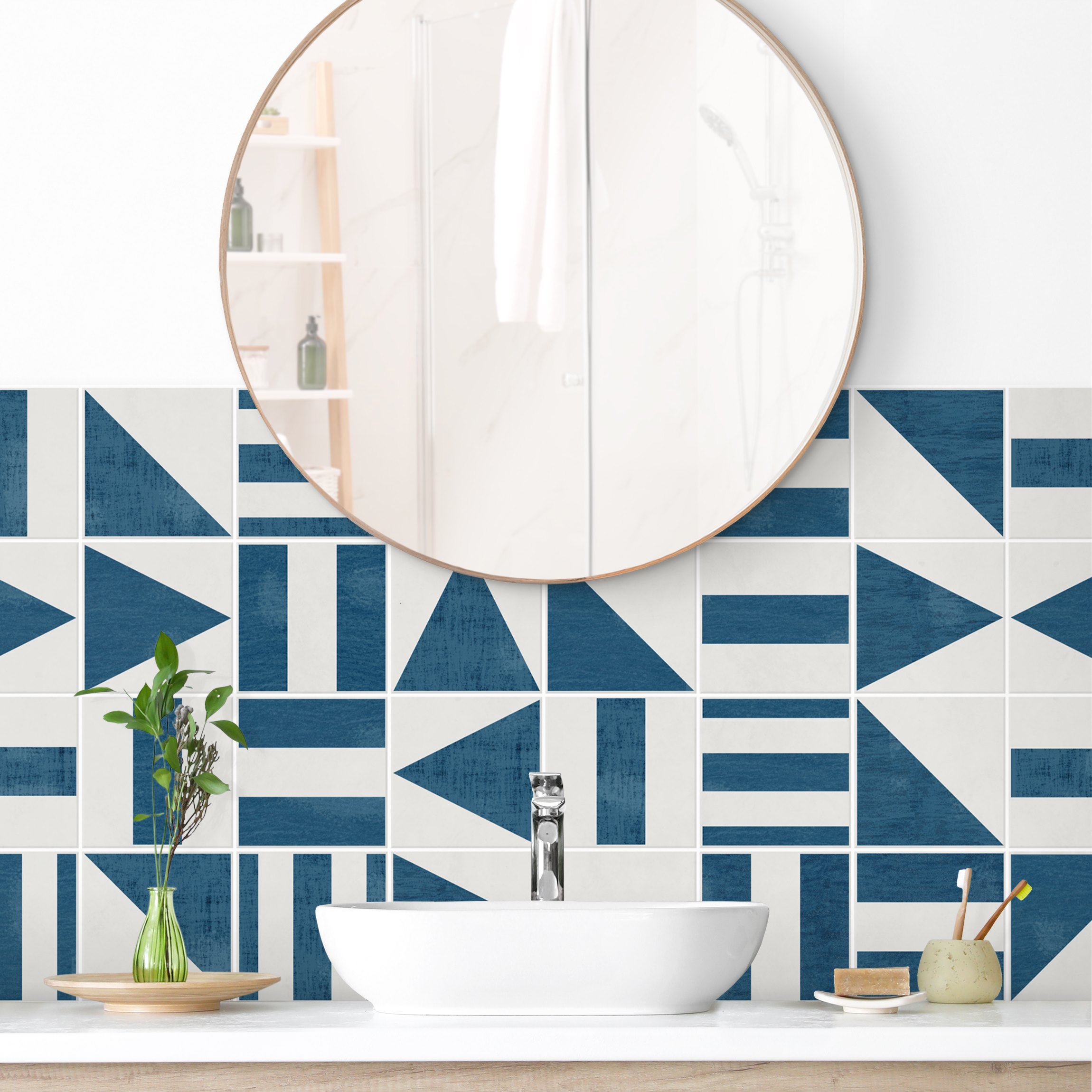 Wandverkleidung Bad Fliesen mit geometrischen Formen Blau Shabby