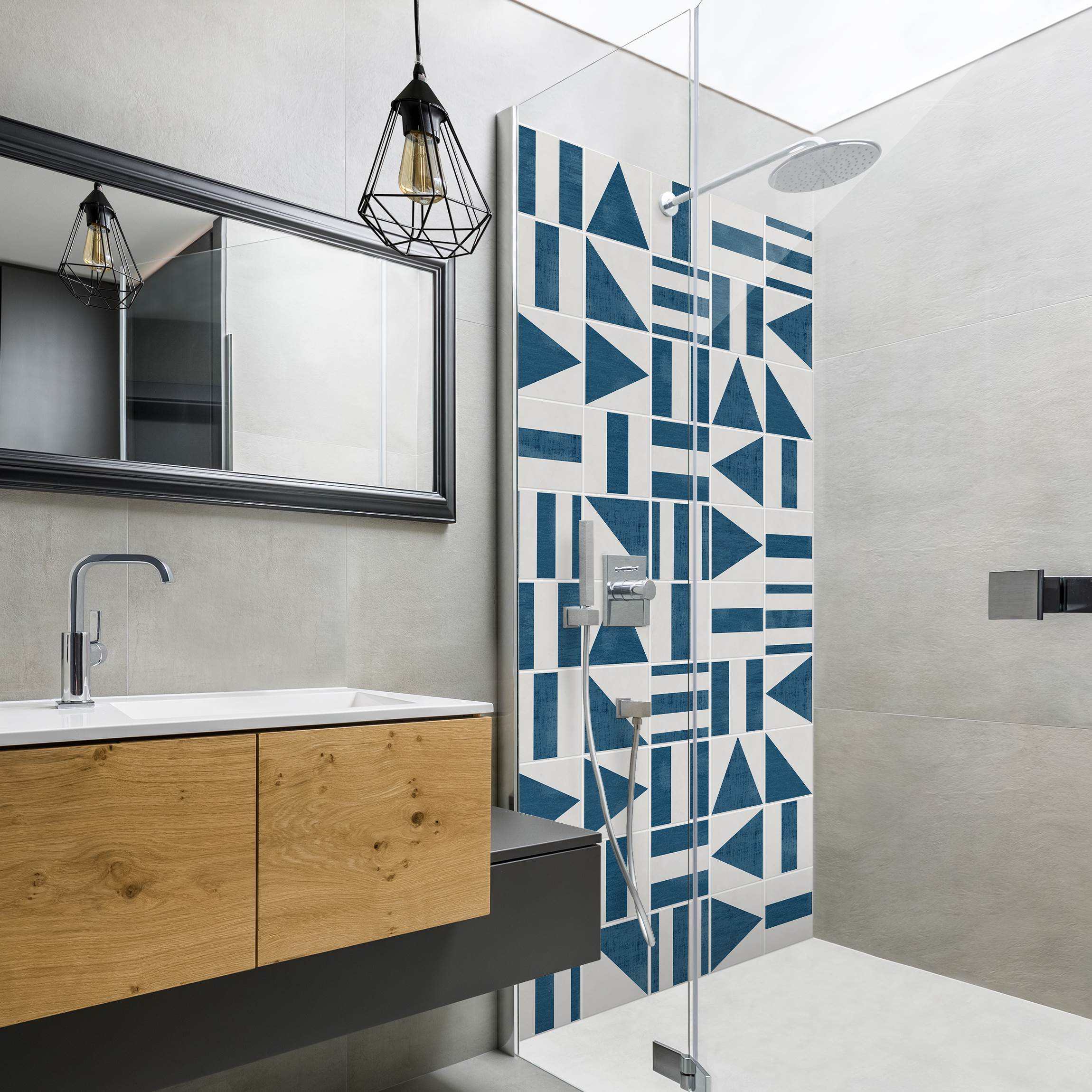 Duschrückwand Fliesen mit geometrischen Formen Blau Shabby