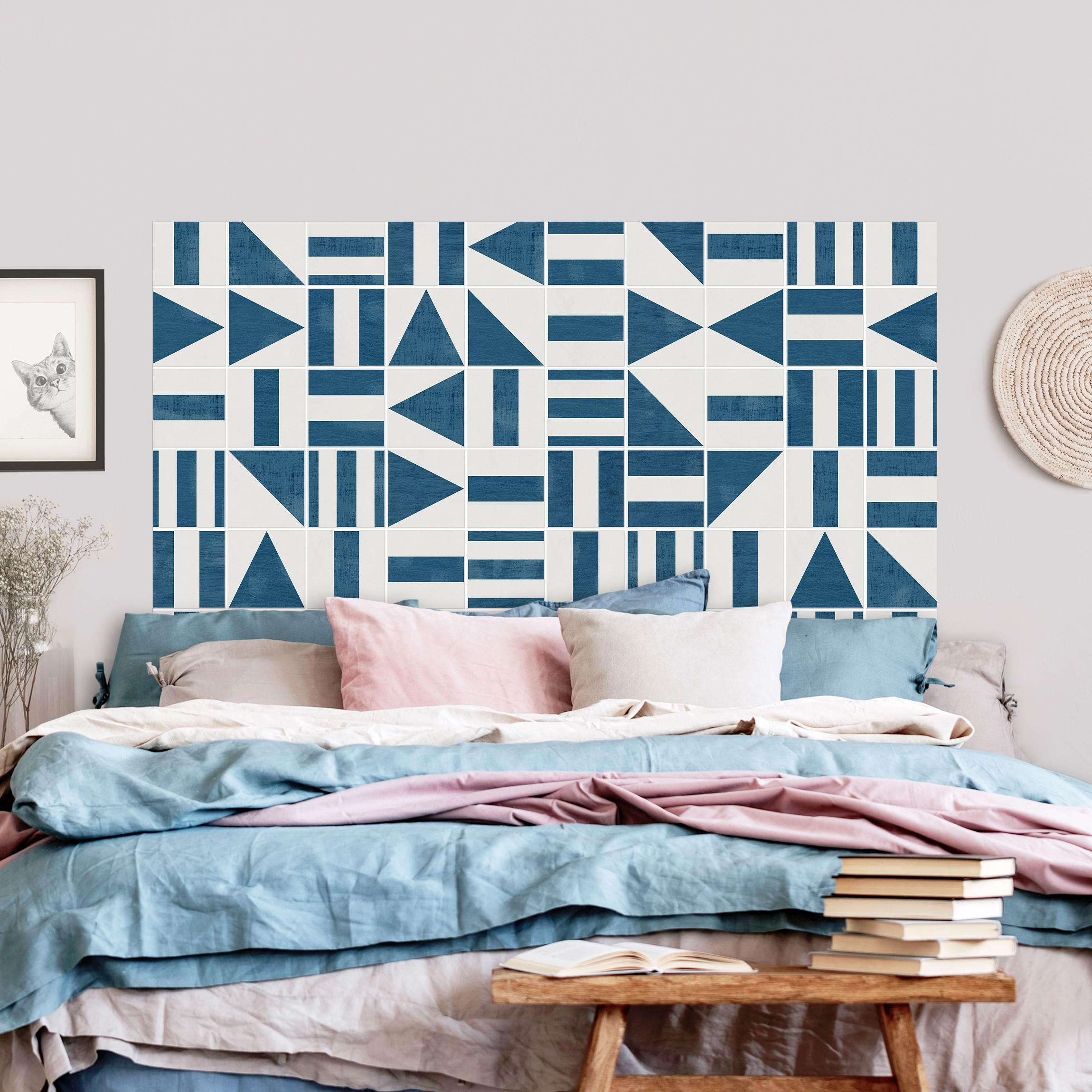 Kopfteil Bett Fliesen mit geometrischen Formen Blau Shabby