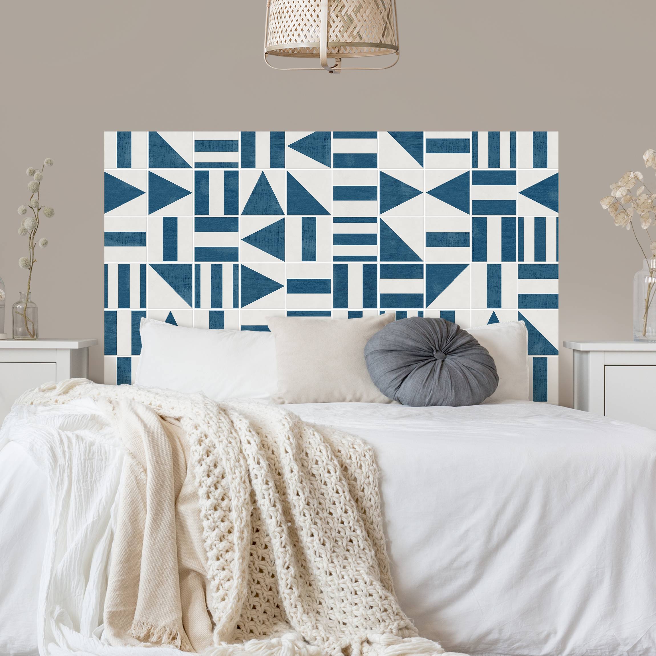 Kopfteil Bett Fliesen mit geometrischen Formen Blau Shabby