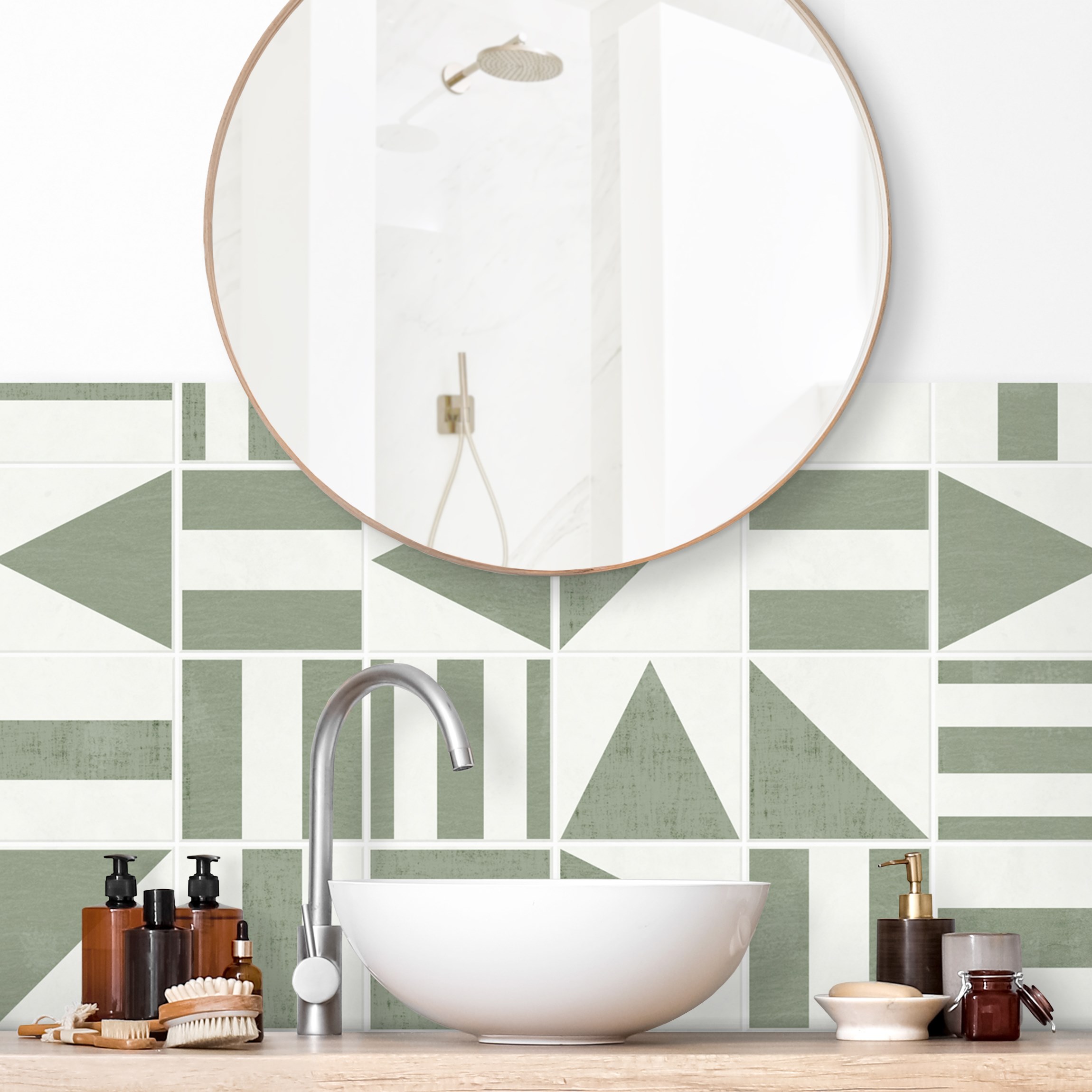 Wandverkleidung Bad Fliesen mit geometrischen Formen Grün Shabby