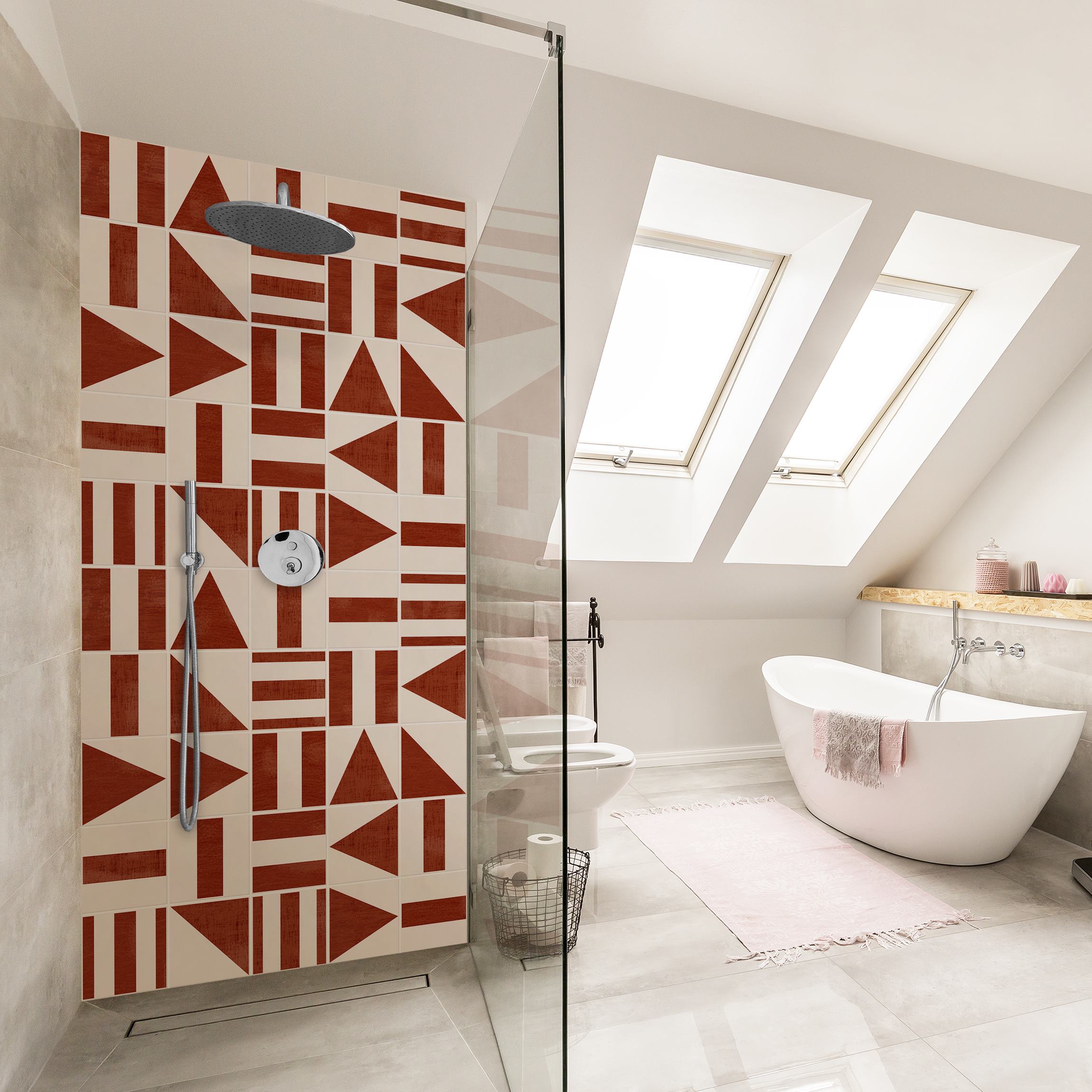 Duschrückwand Fliesen mit geometrischen Formen Terracotta Shabby