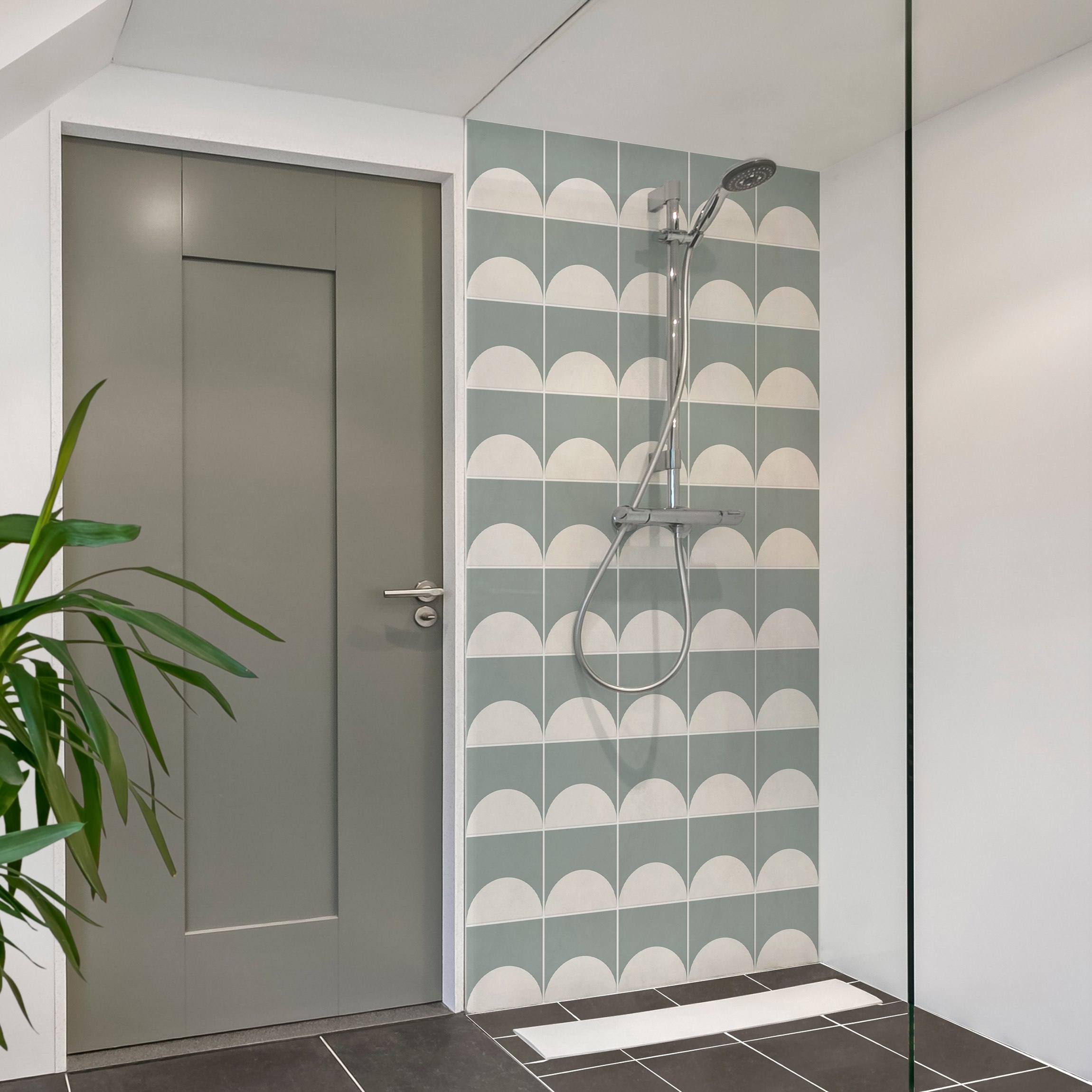 Duschrückwand Fliesen mit Halbkreisen Eucalyptus