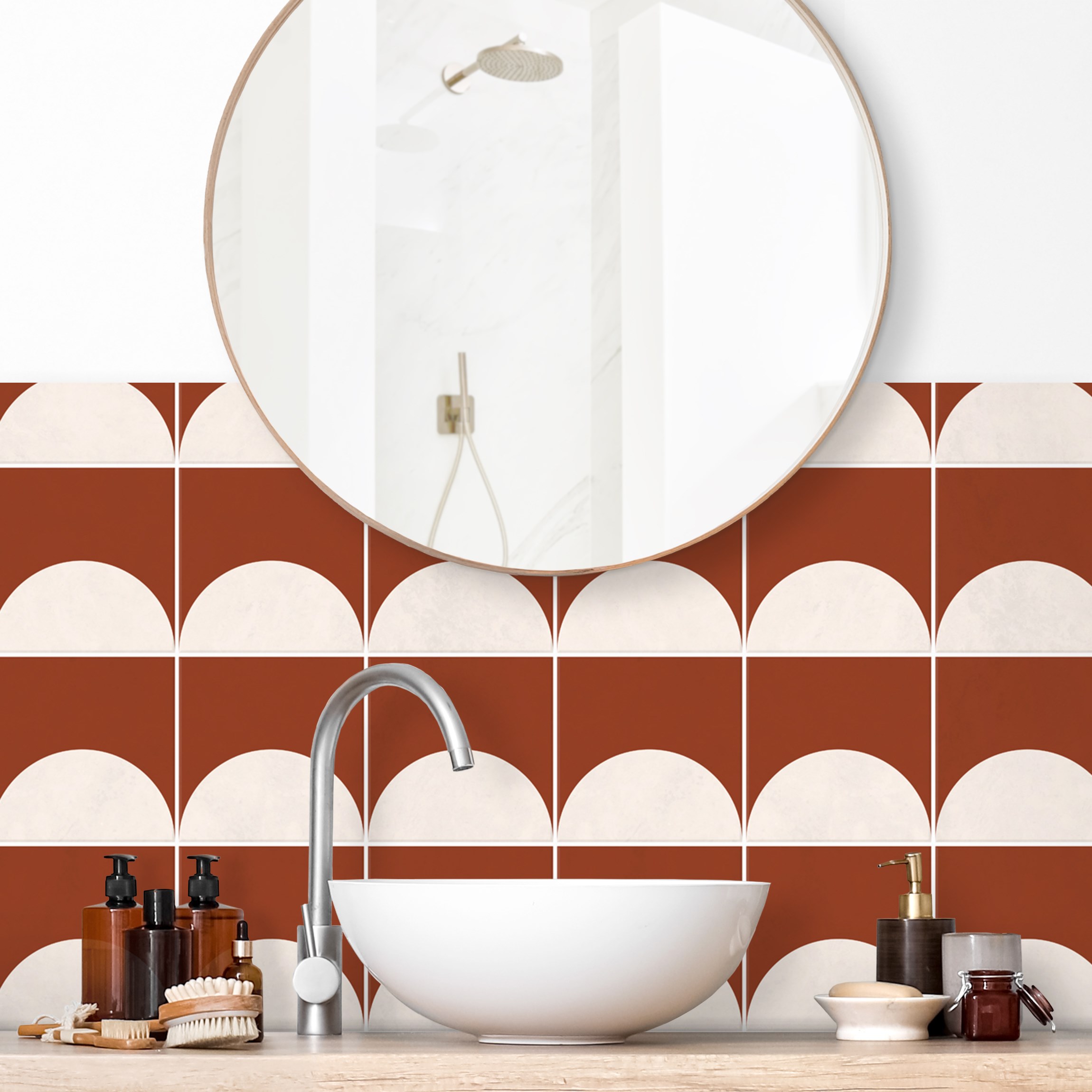 Wandverkleidung Bad Fliesen mit Halbkreisen Terracotta