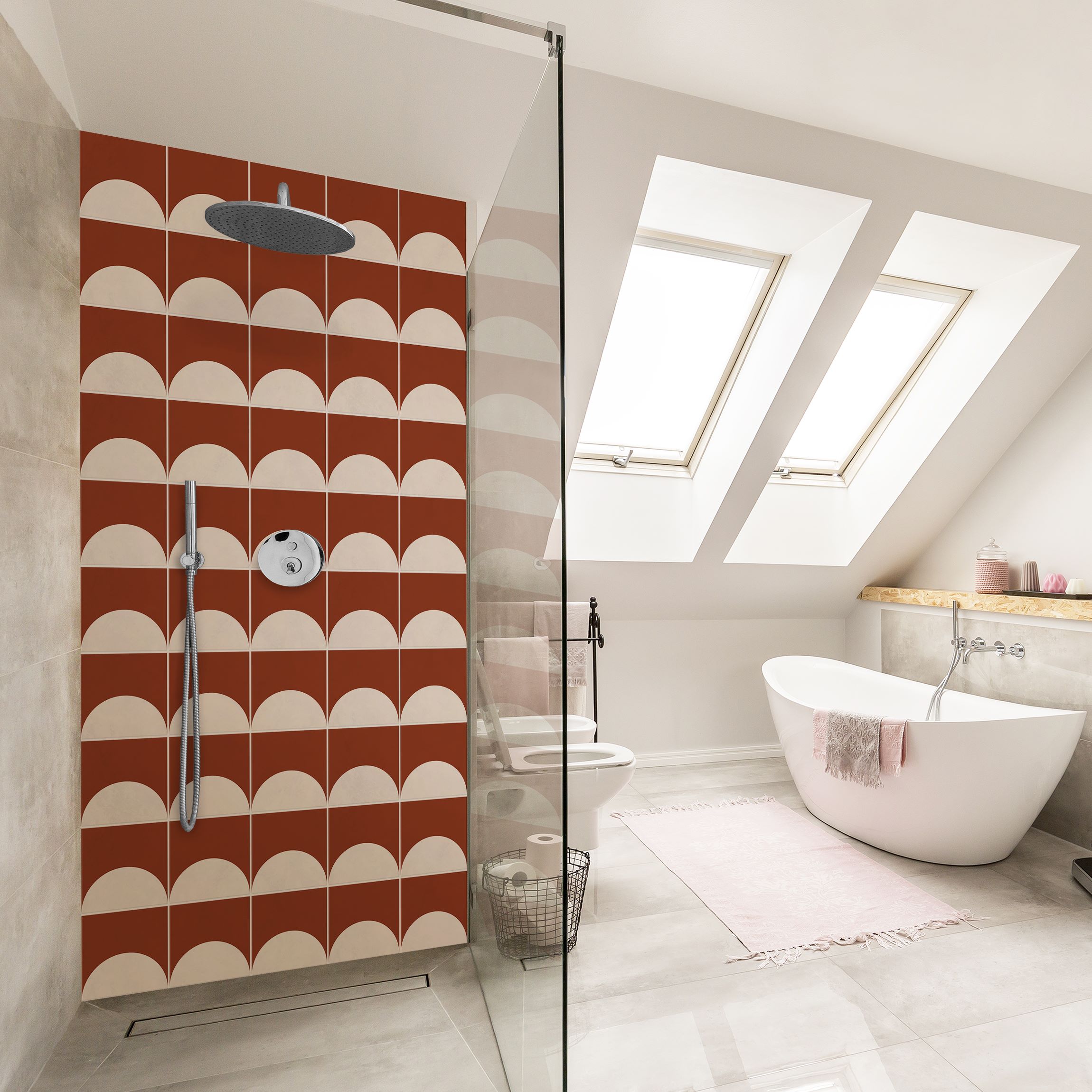 Duschrückwand Fliesen mit Halbkreisen Terracotta