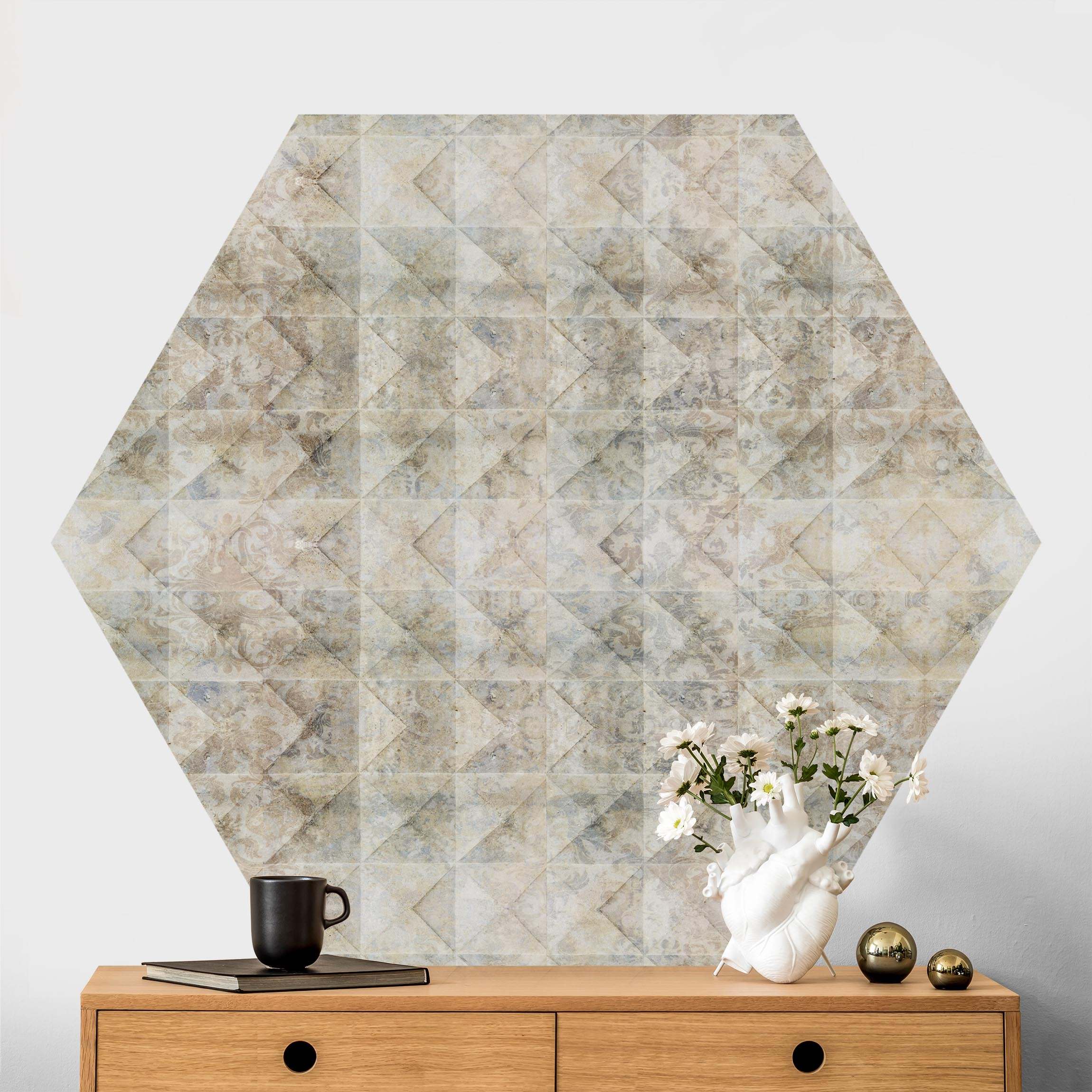 Hexagon Fototapete Fliesen mit Vintage Ornamenten