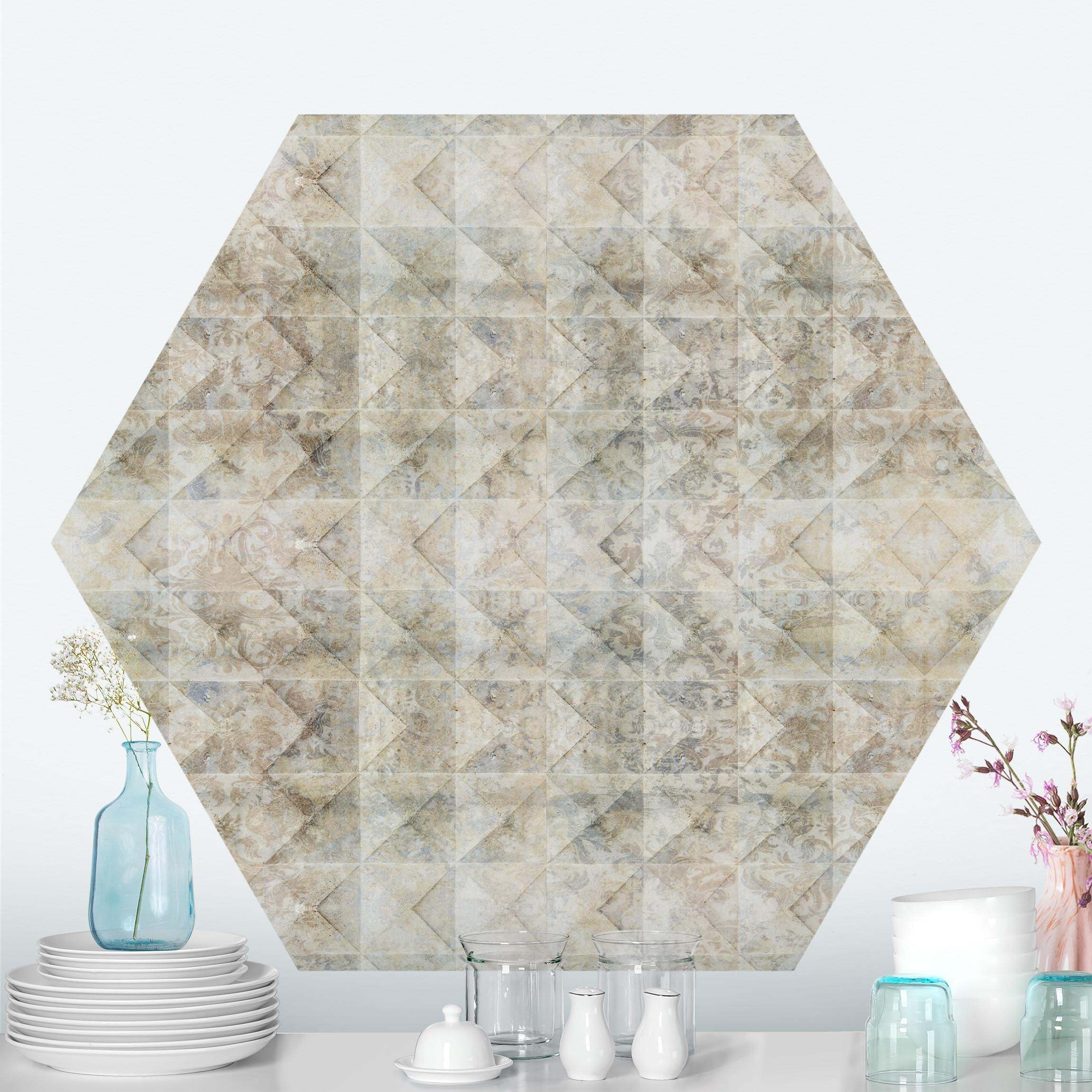 Hexagon Tapete selbstklebend Fliesen mit Vintage Ornamenten