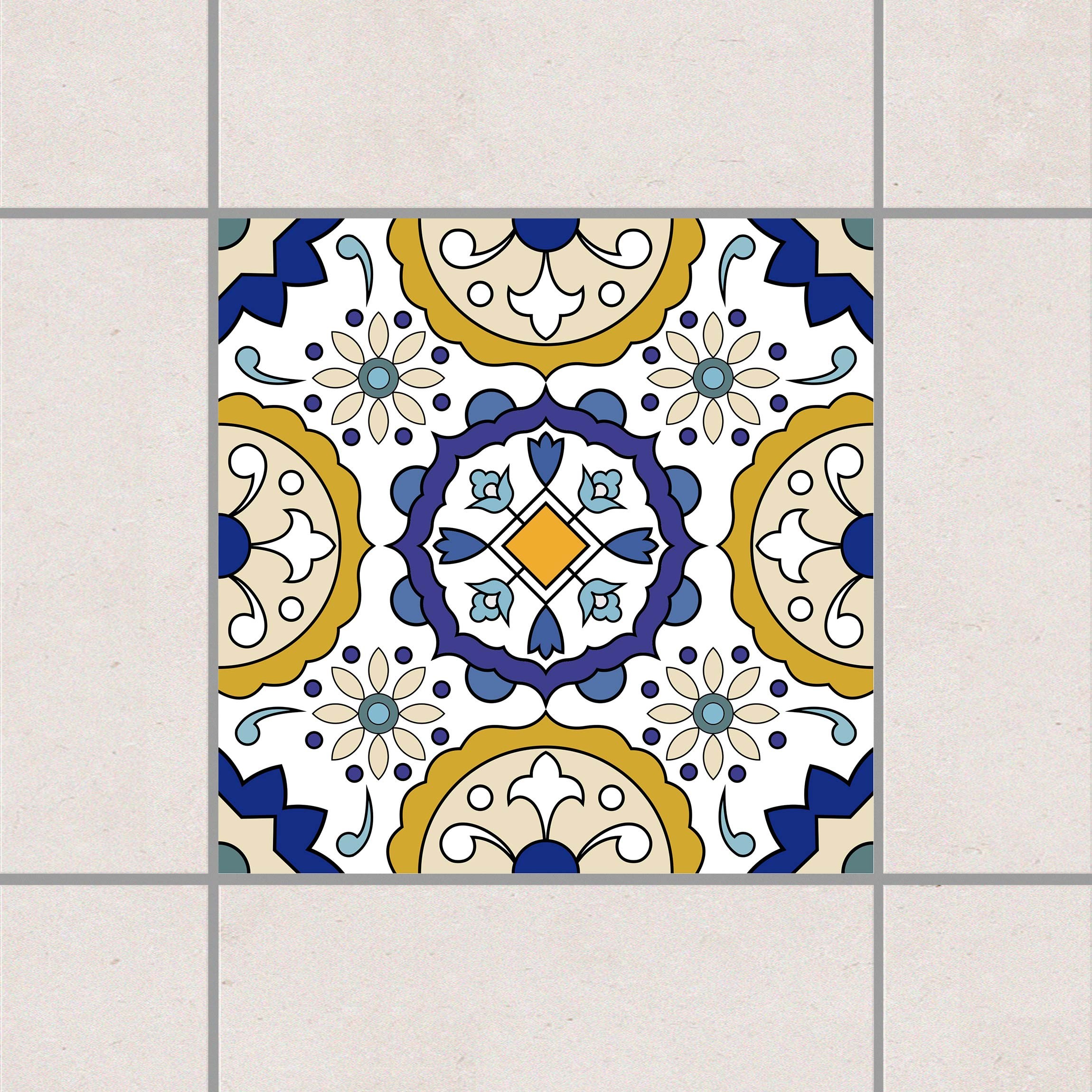 Fliesenaufkleber Spanisches Blumenornament Gold Blau