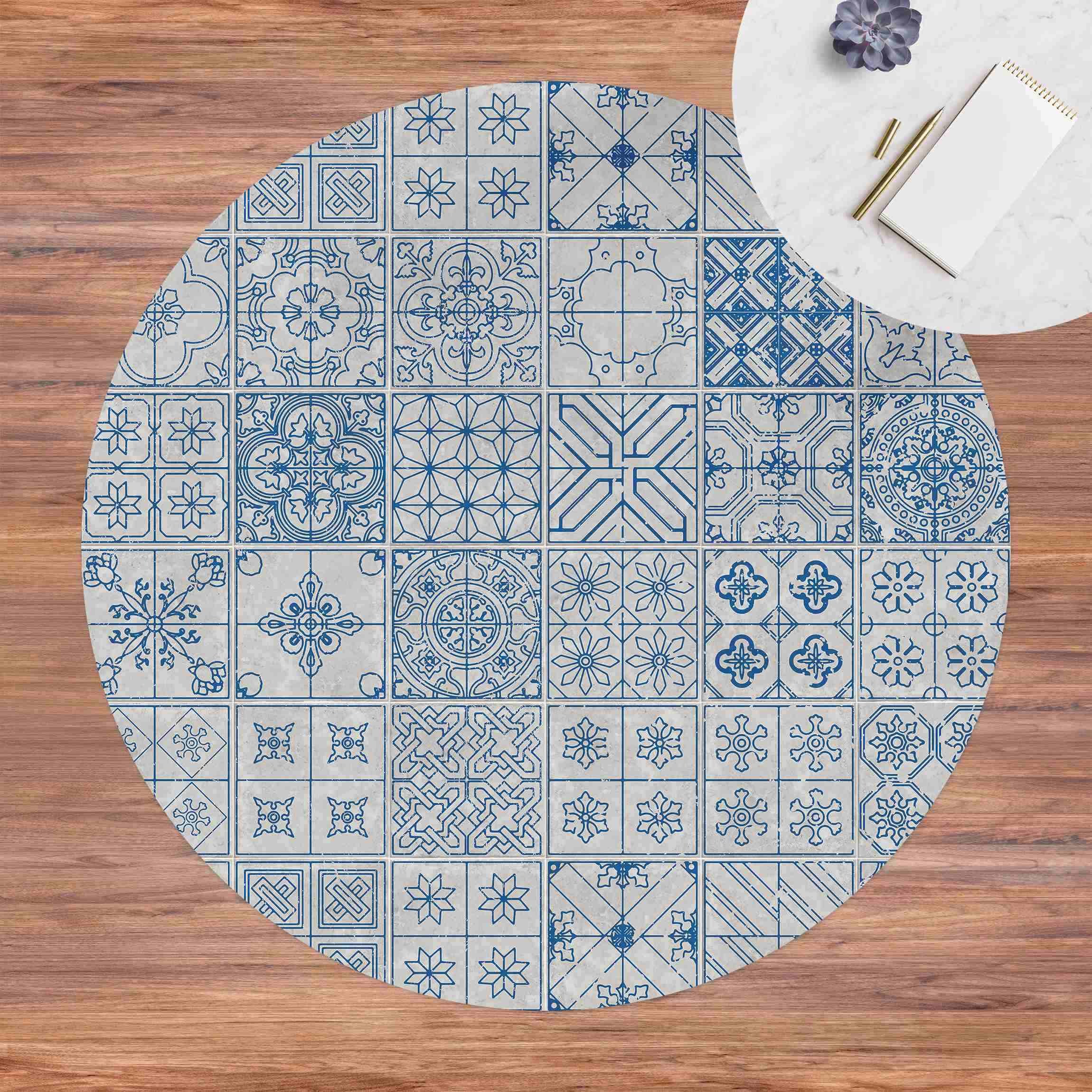 Runder Vinyl-Teppich Fliesenmuster Coimbra blau