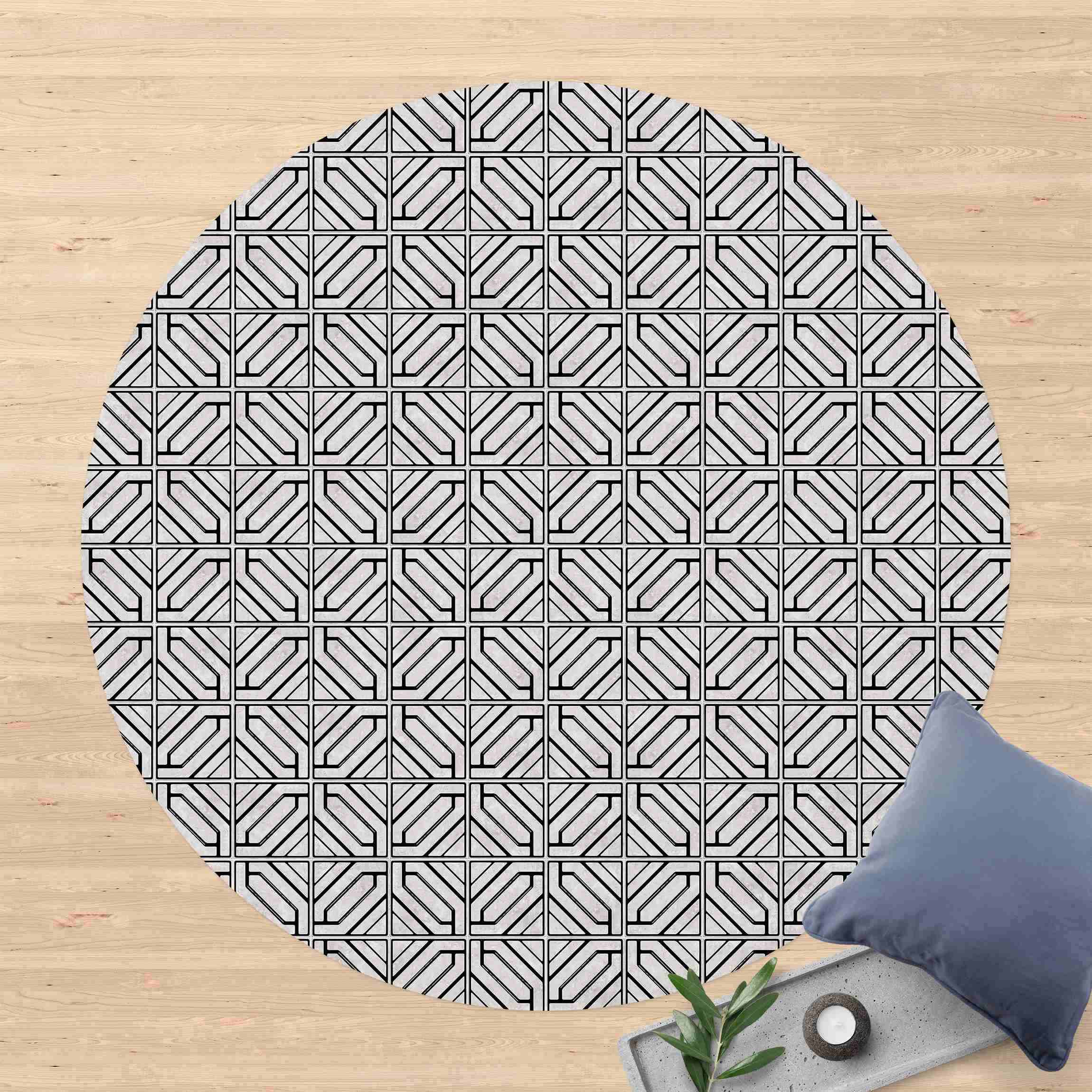 Runder Vinyl-Teppich Fliesenmuster Rauten Geometrie schwarz