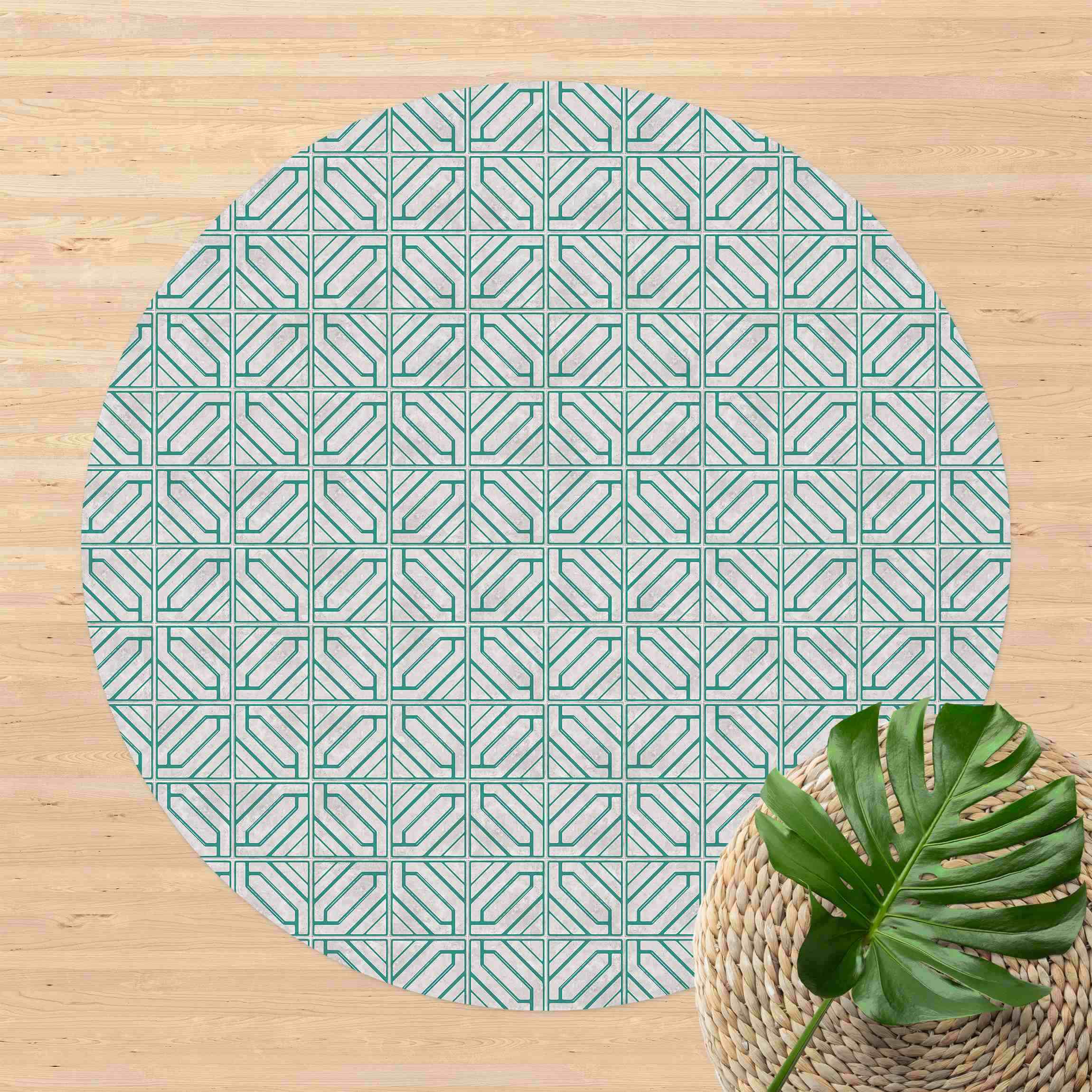 Runder Vinyl-Teppich Fliesenmuster Rauten Geometrie türkis