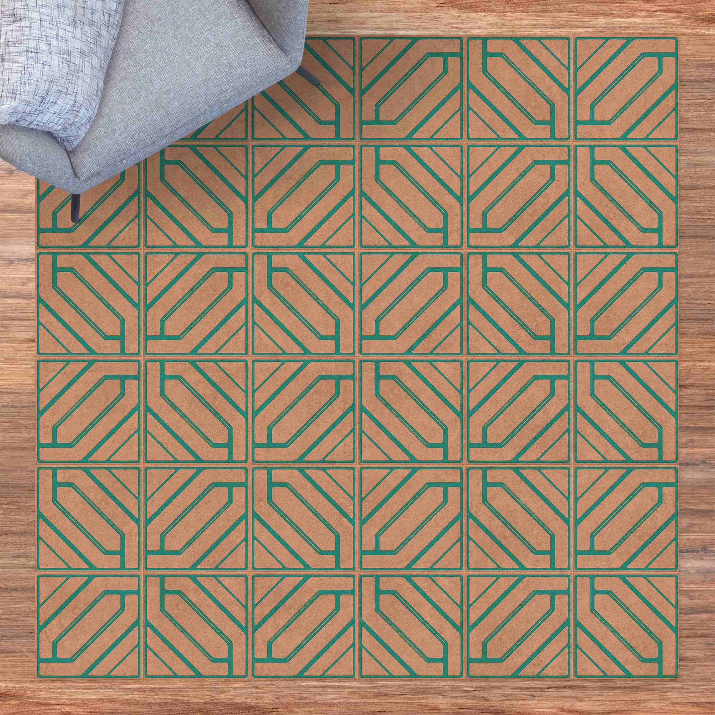 Kork-Teppich Fliesenmuster Rauten Geometrie türkis
