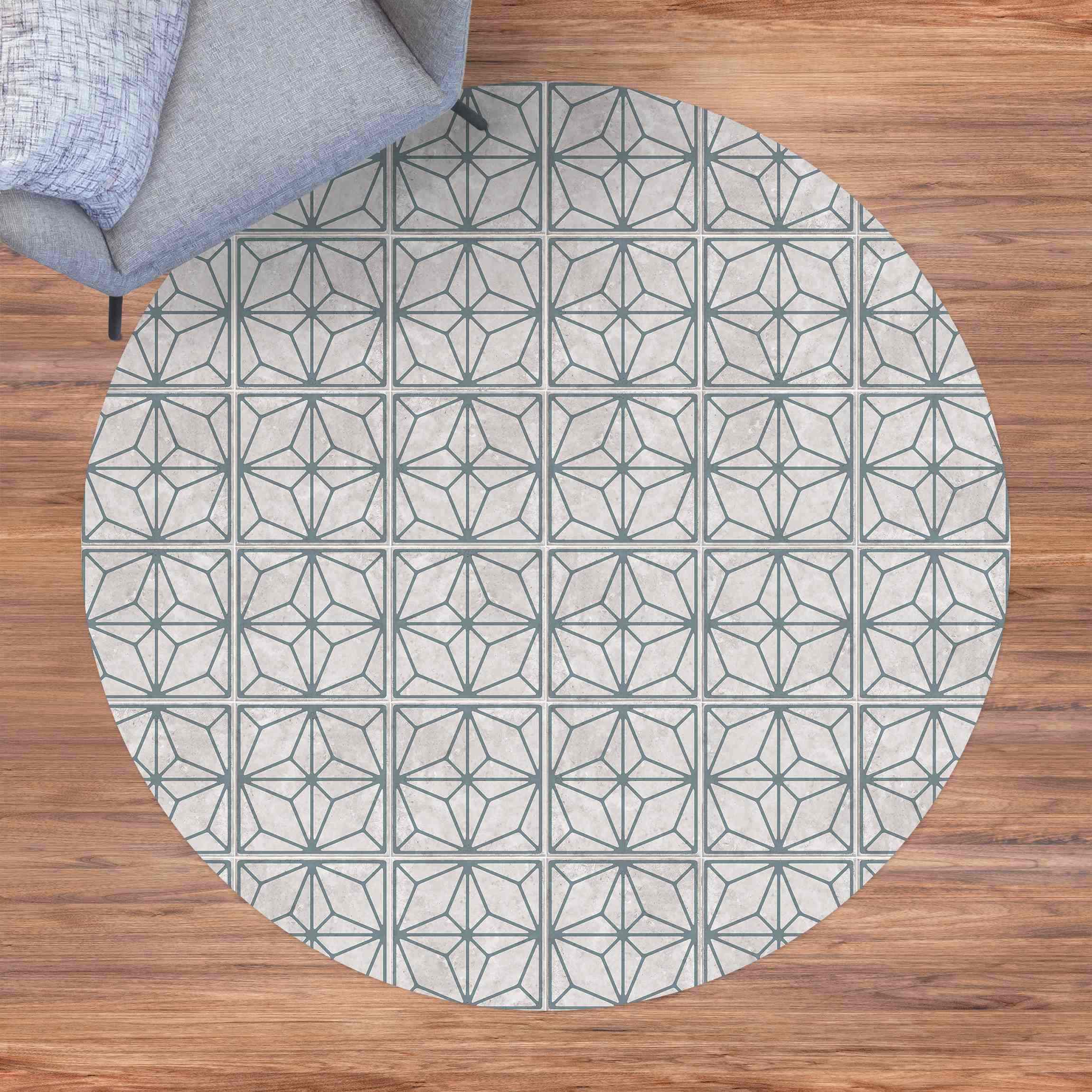 Runder Vinyl-Teppich Fliesenmuster Stern Geometrie graublau