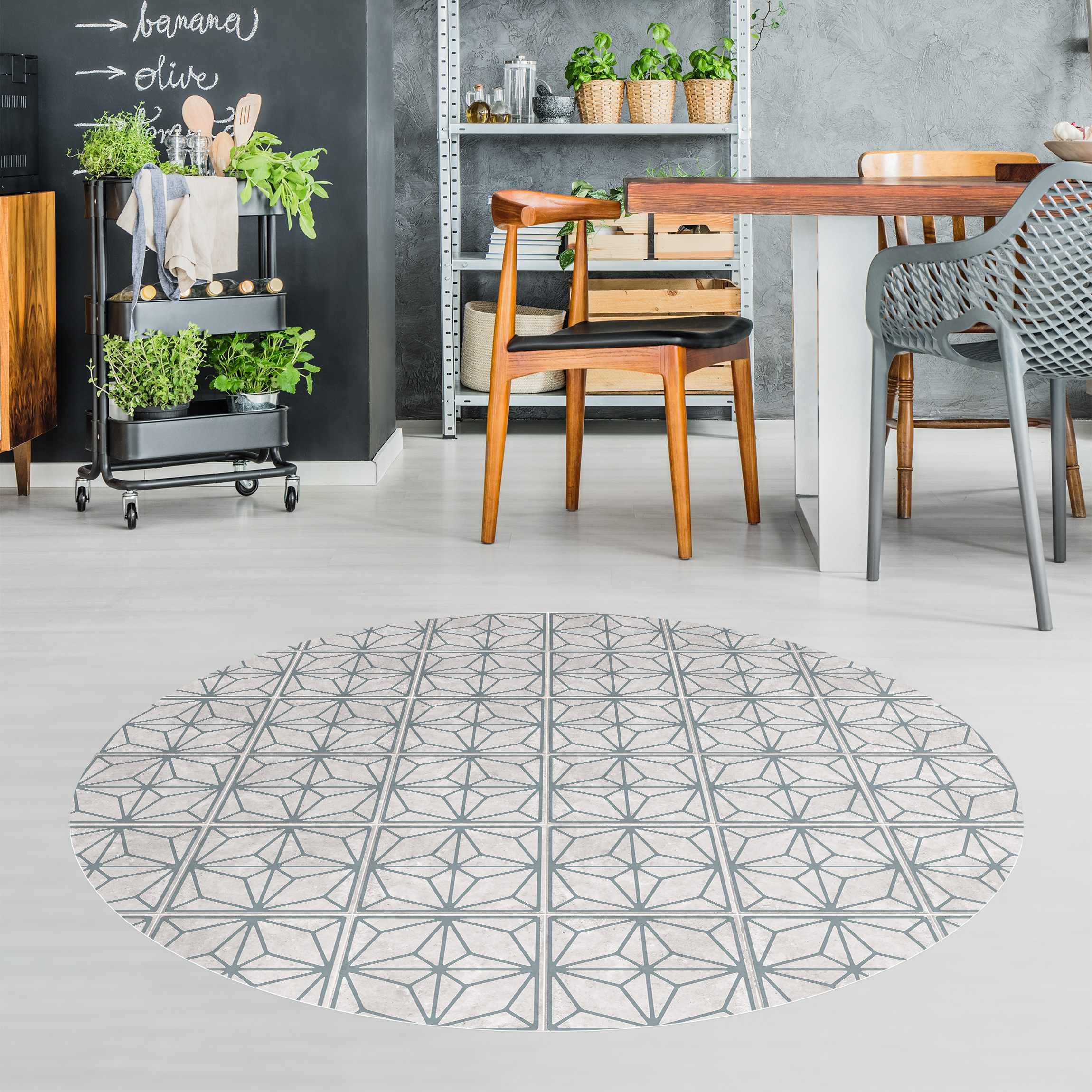 Runder Vinyl-Teppich Fliesenmuster Stern Geometrie graublau