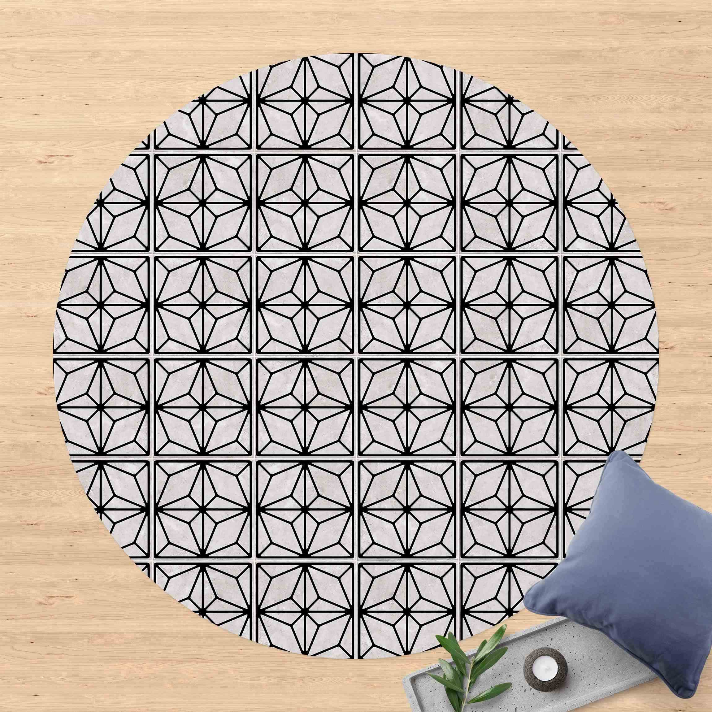 Runder Vinyl-Teppich Fliesenmuster Stern Geometrie schwarz