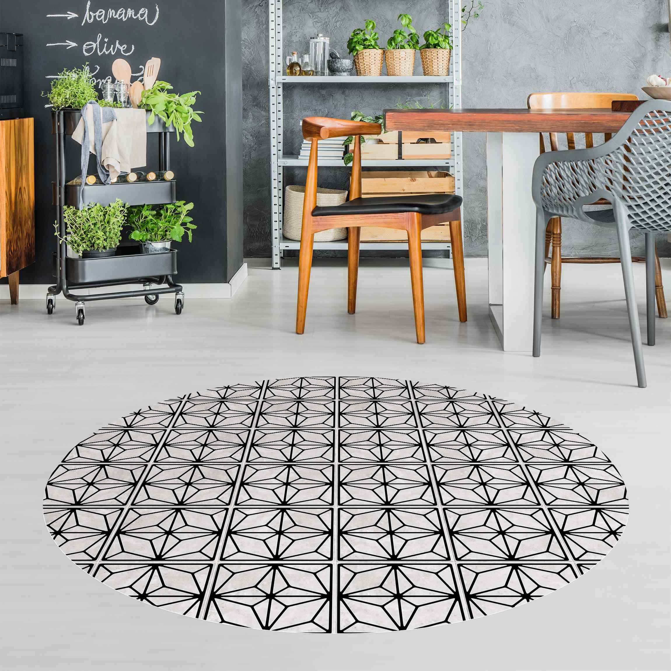 Runder Vinyl-Teppich Fliesenmuster Stern Geometrie schwarz