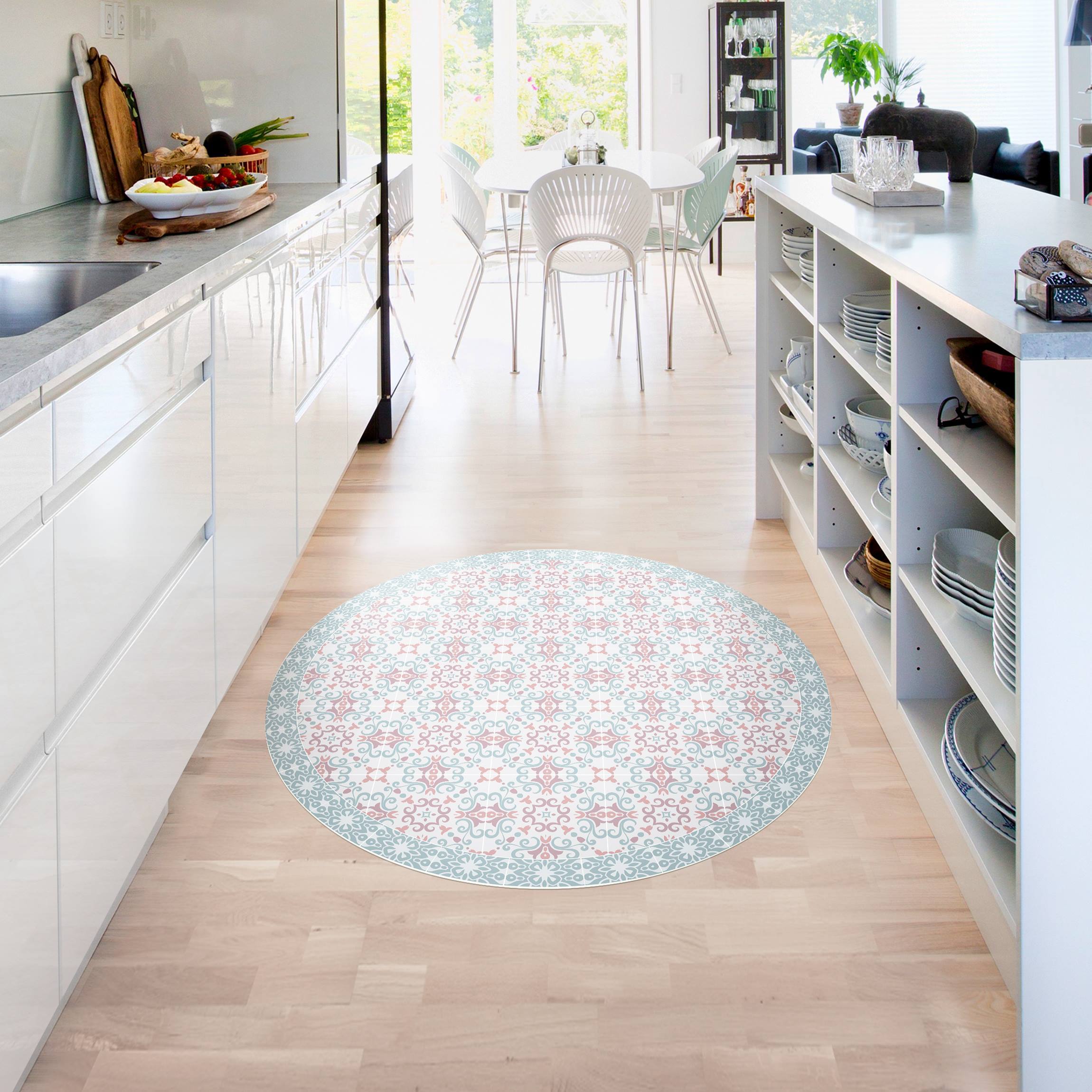 Runder Vinyl-Teppich Florale Fliesen Blauviolette Folklore mit Bordüre