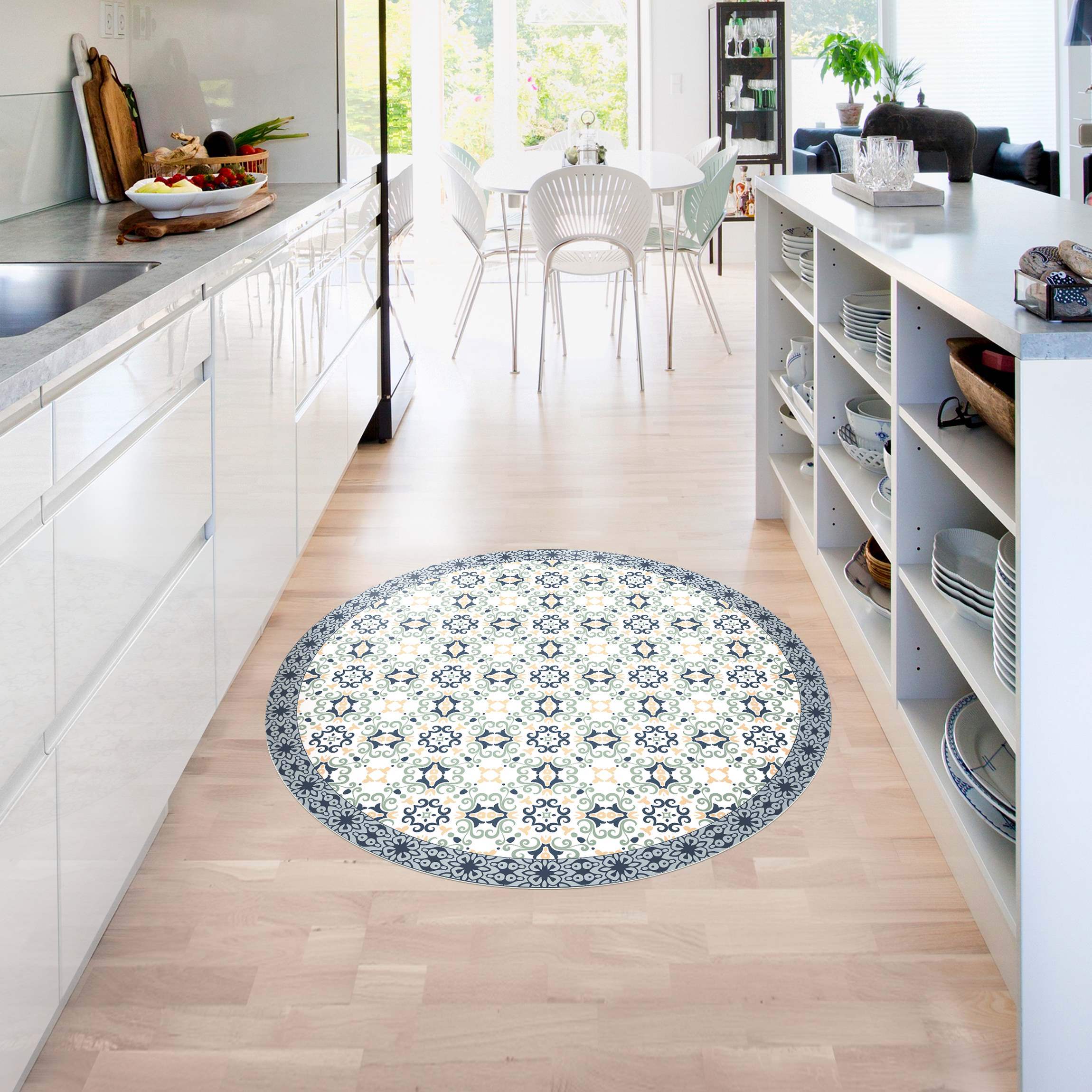 Runder Vinyl-Teppich Florale Fliesen Gelbblaue Folklore mit Bordüre