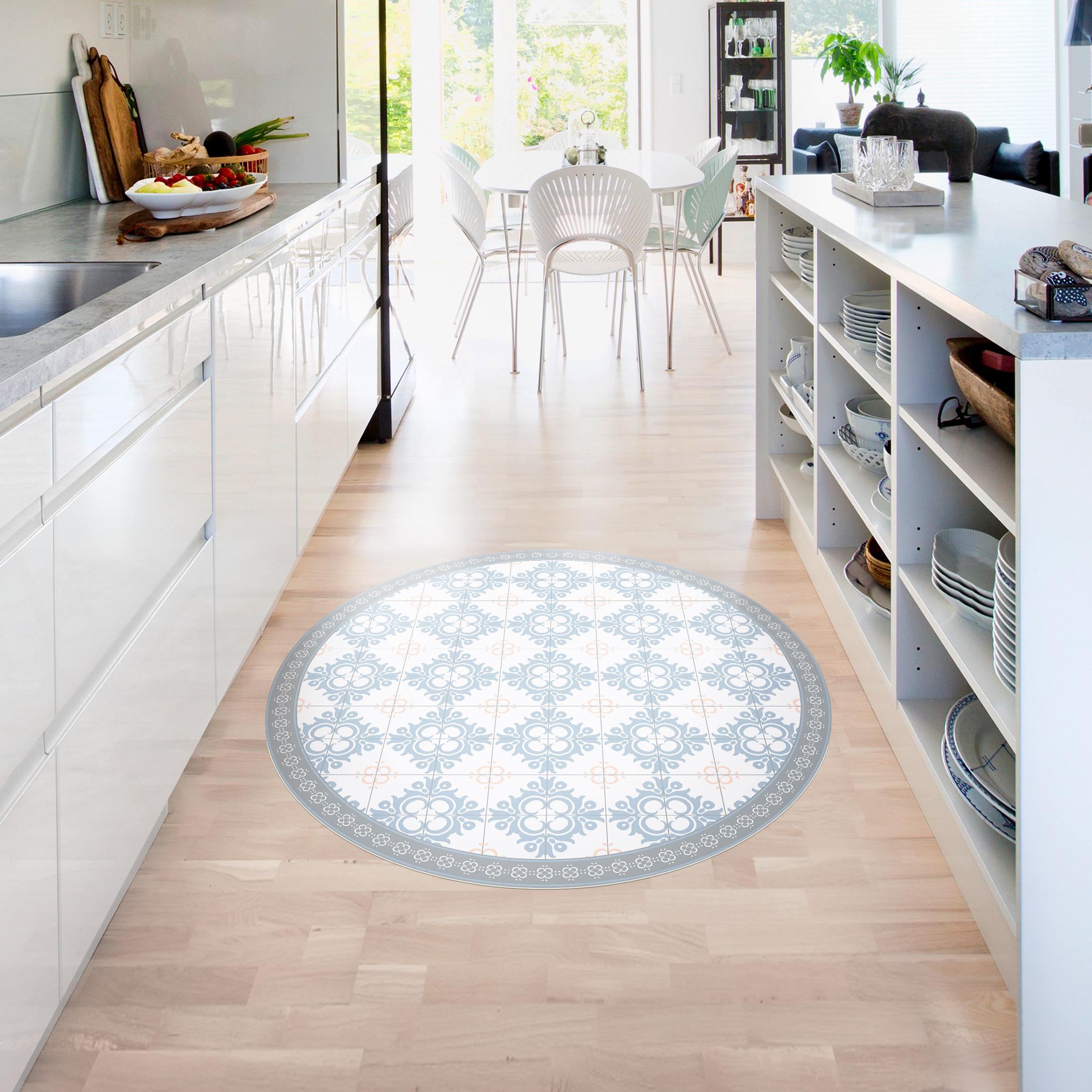 Runder Vinyl-Teppich Florale Fliesen Orange Blaue Knospen mit Bordüre