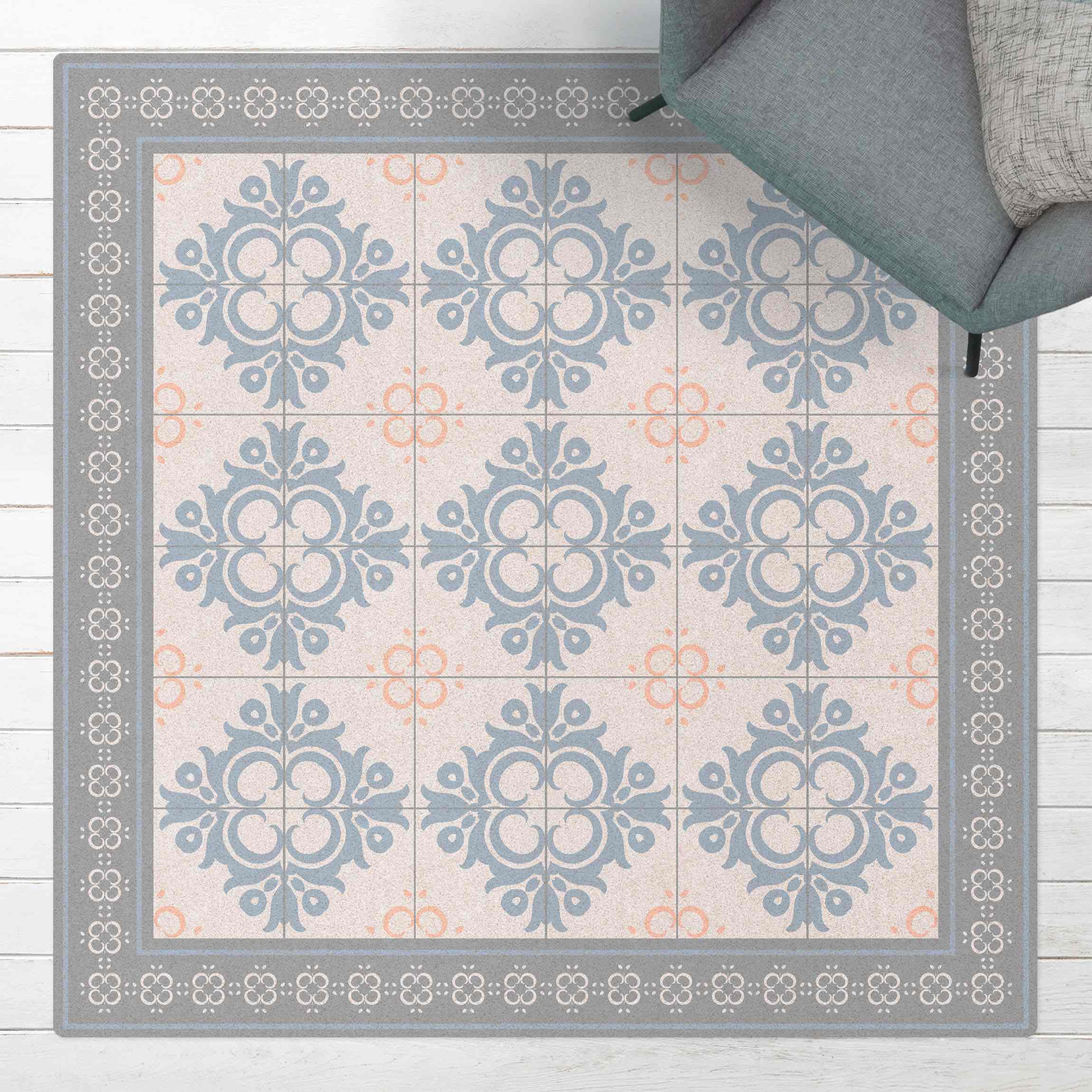 Kork-Teppich Florale Fliesen Orange Blaue Knospen mit Bordüre