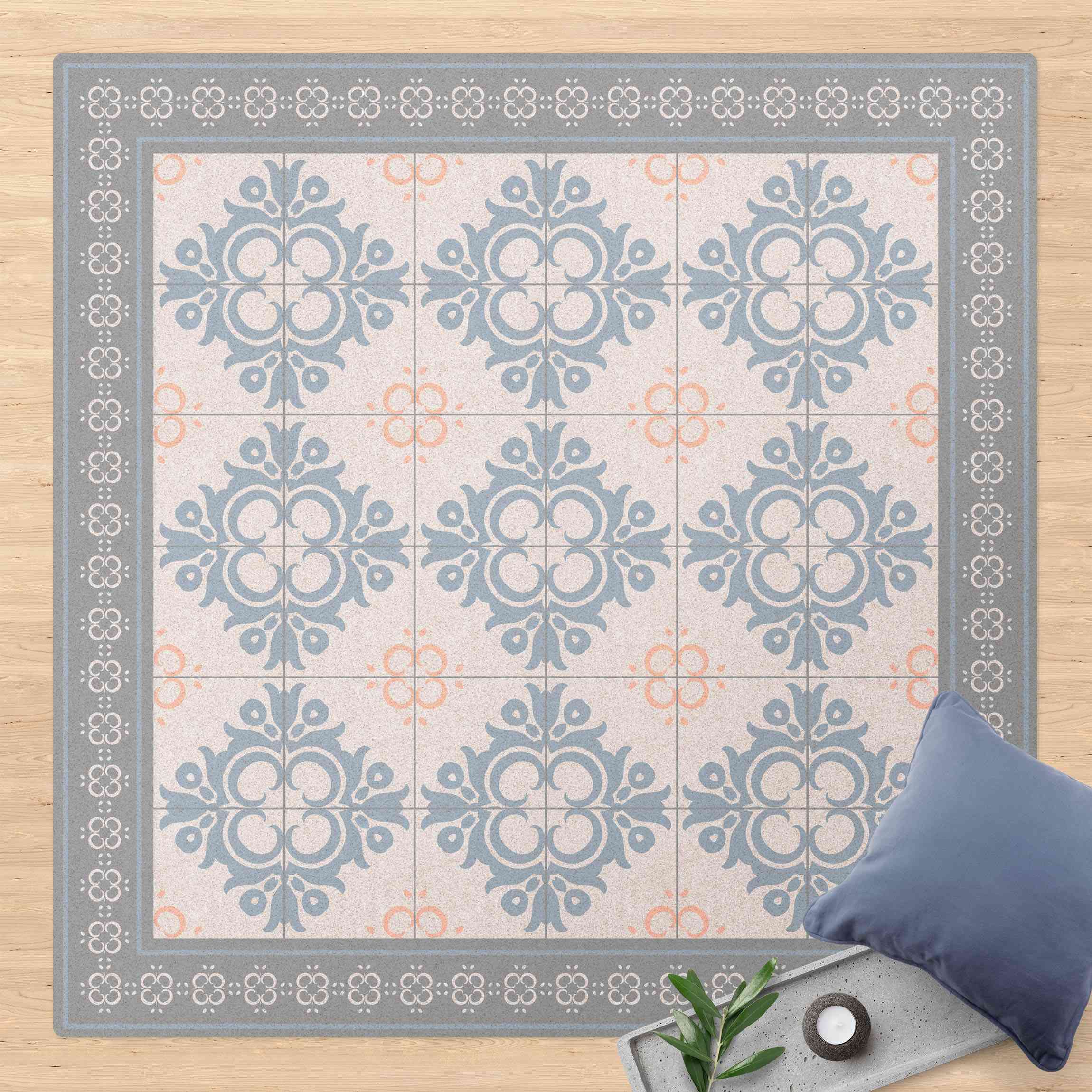 Kork-Teppich Florale Fliesen Orange Blaue Knospen mit Bordüre