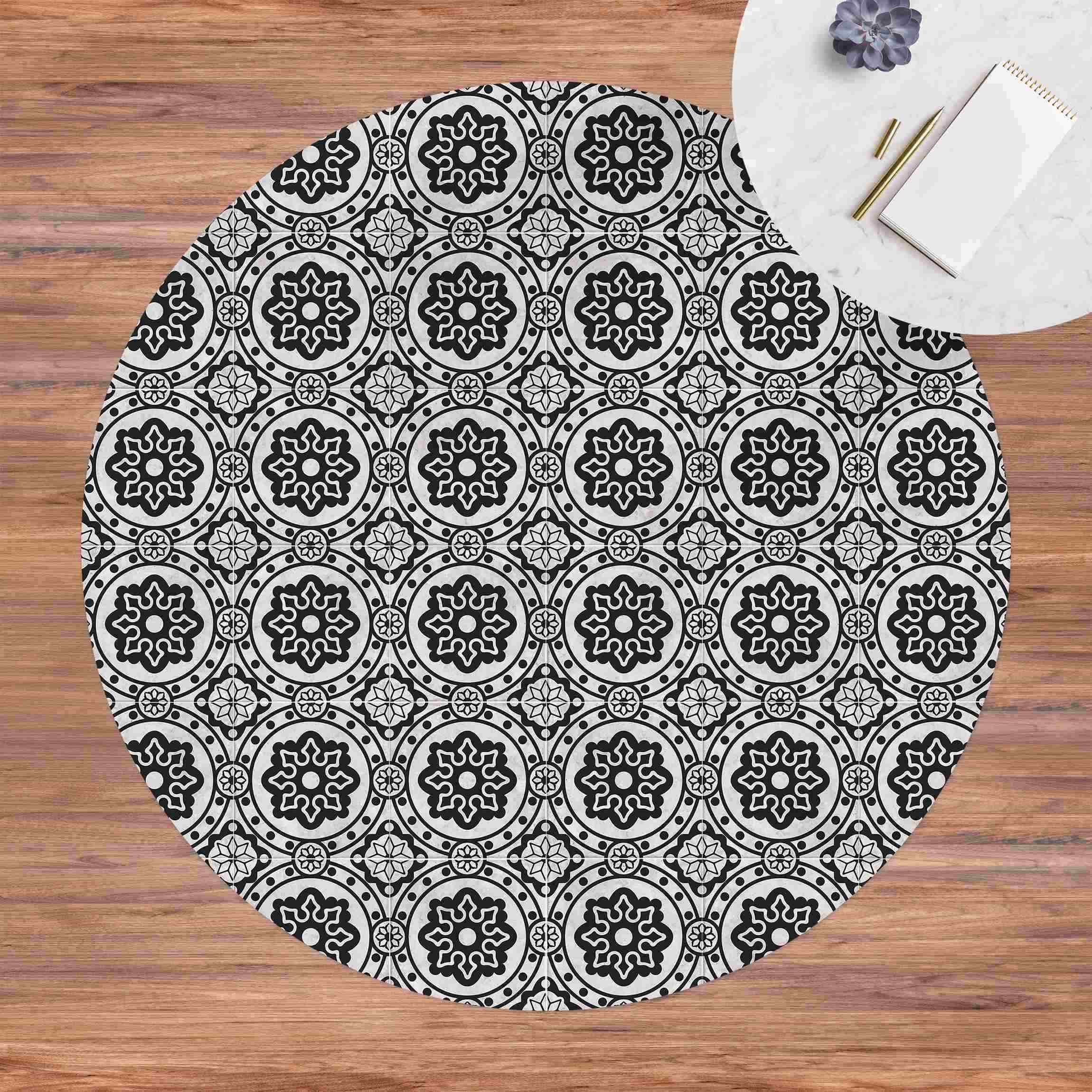 Runder Vinyl-Teppich Florale Fliesen schwarz-weiß