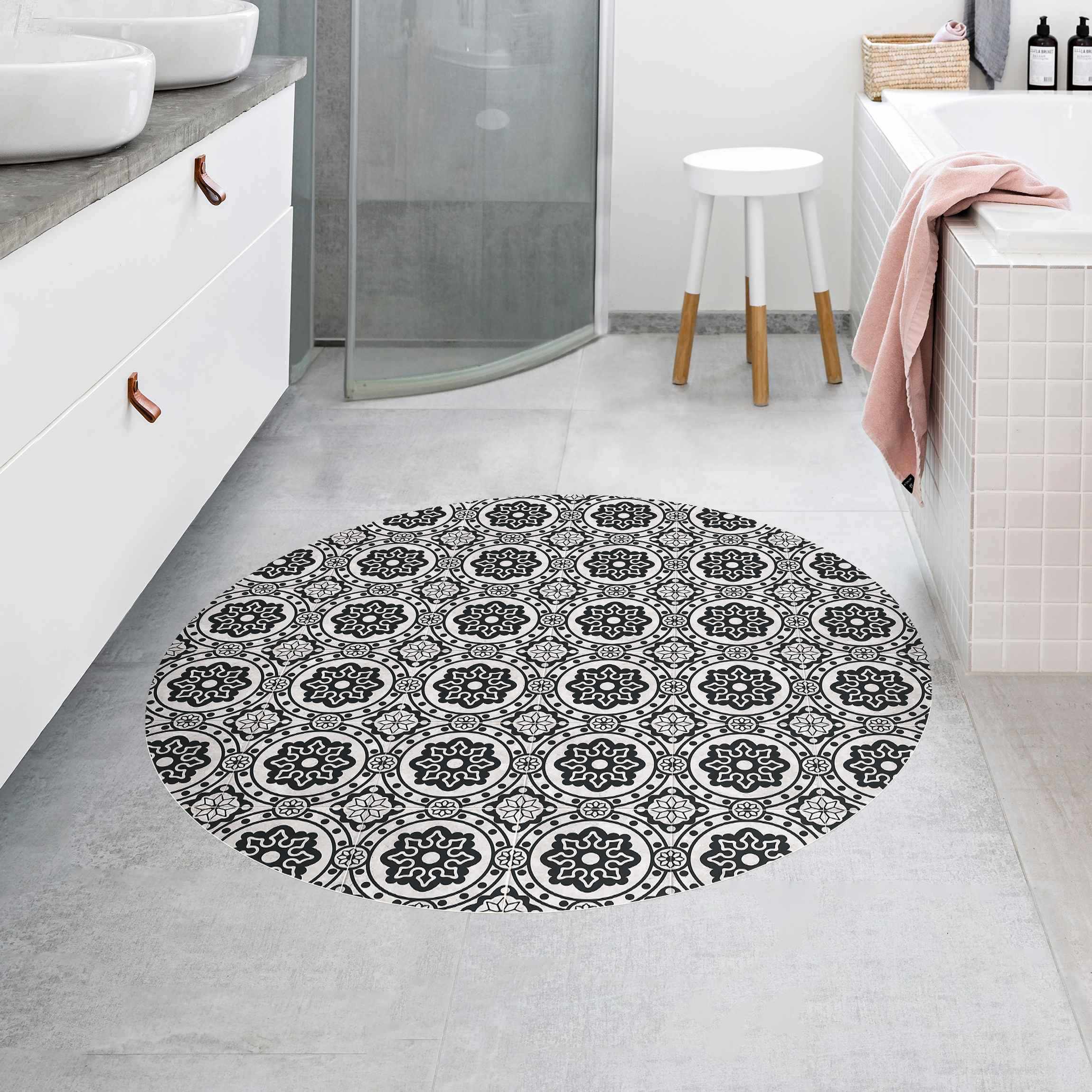 Runder Vinyl-Teppich Florale Fliesen schwarz-weiß