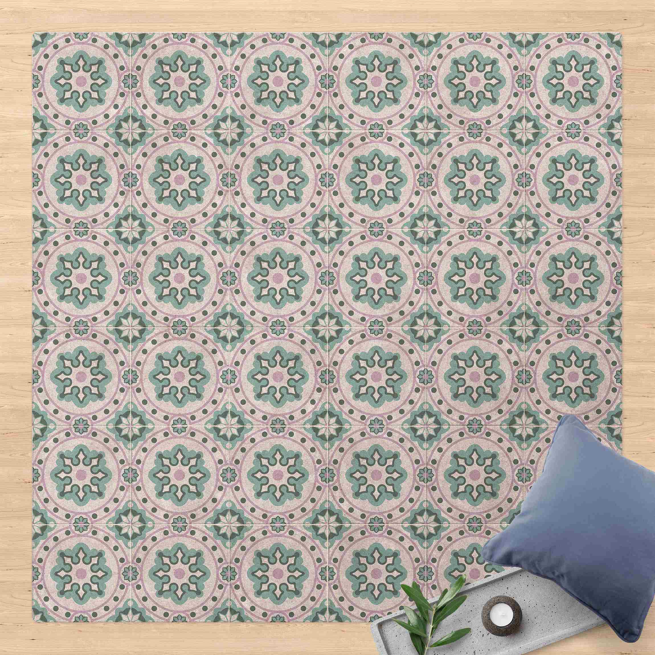 Kork-Teppich Florale Fliesen türkis-rosa