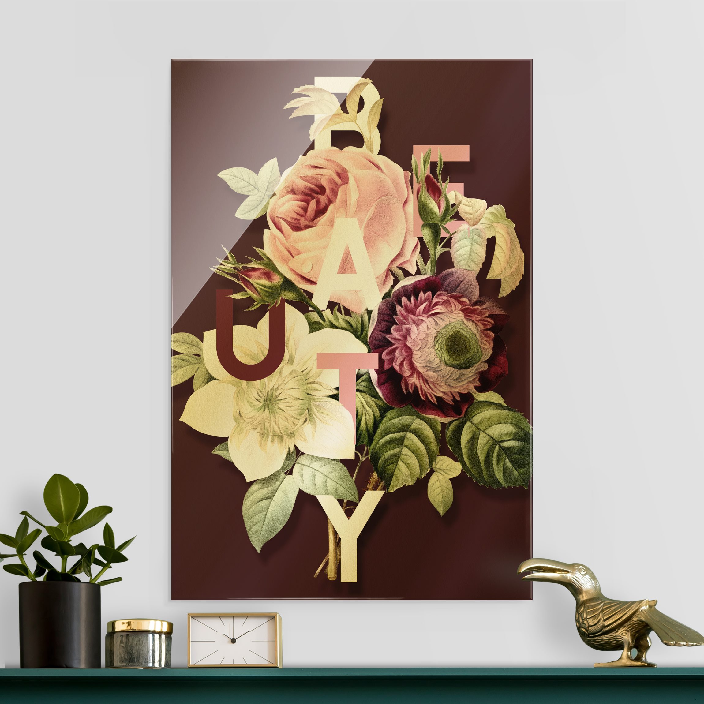 Glasbild Florale Typografie - Beauty