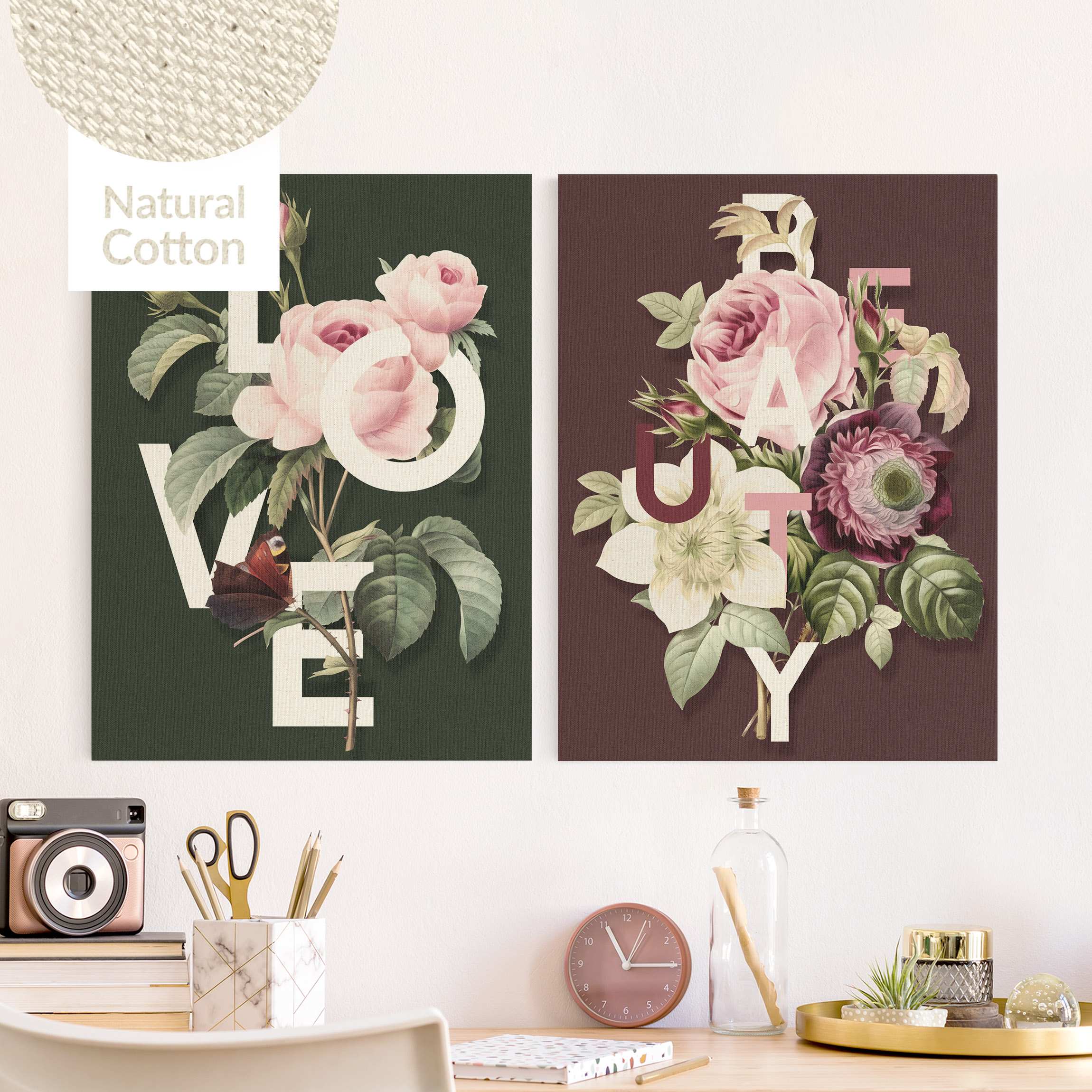 2-teiliges Leinwandbild Florale Typografie - Love & Beauty