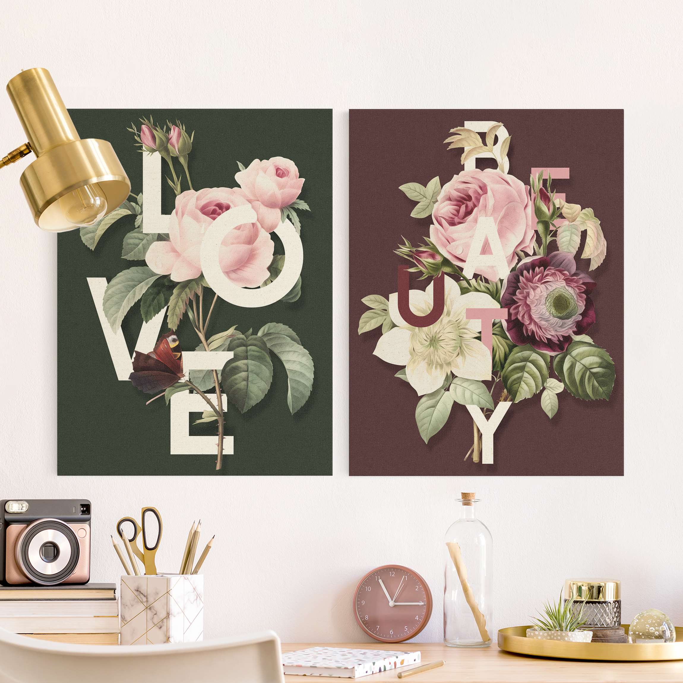 Leinwandbild 2-teilig Florale Typografie - Love & Beauty