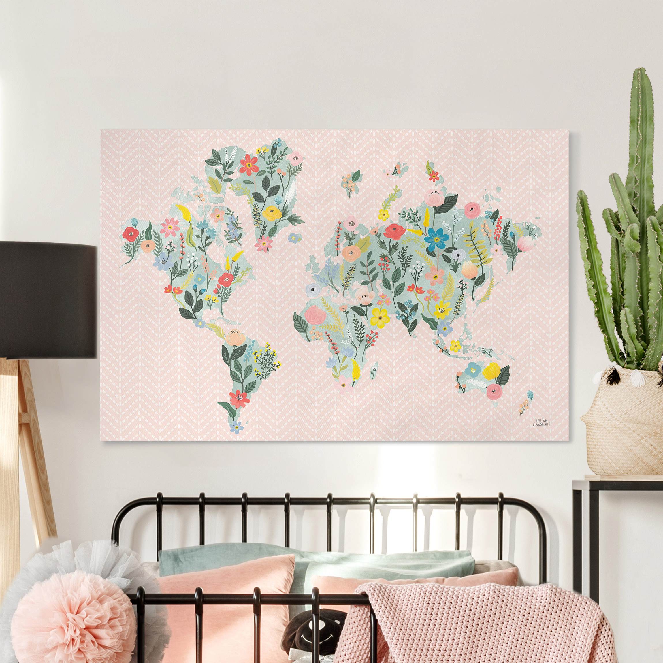 Leinwandbild Florale Weltkarte Türkis