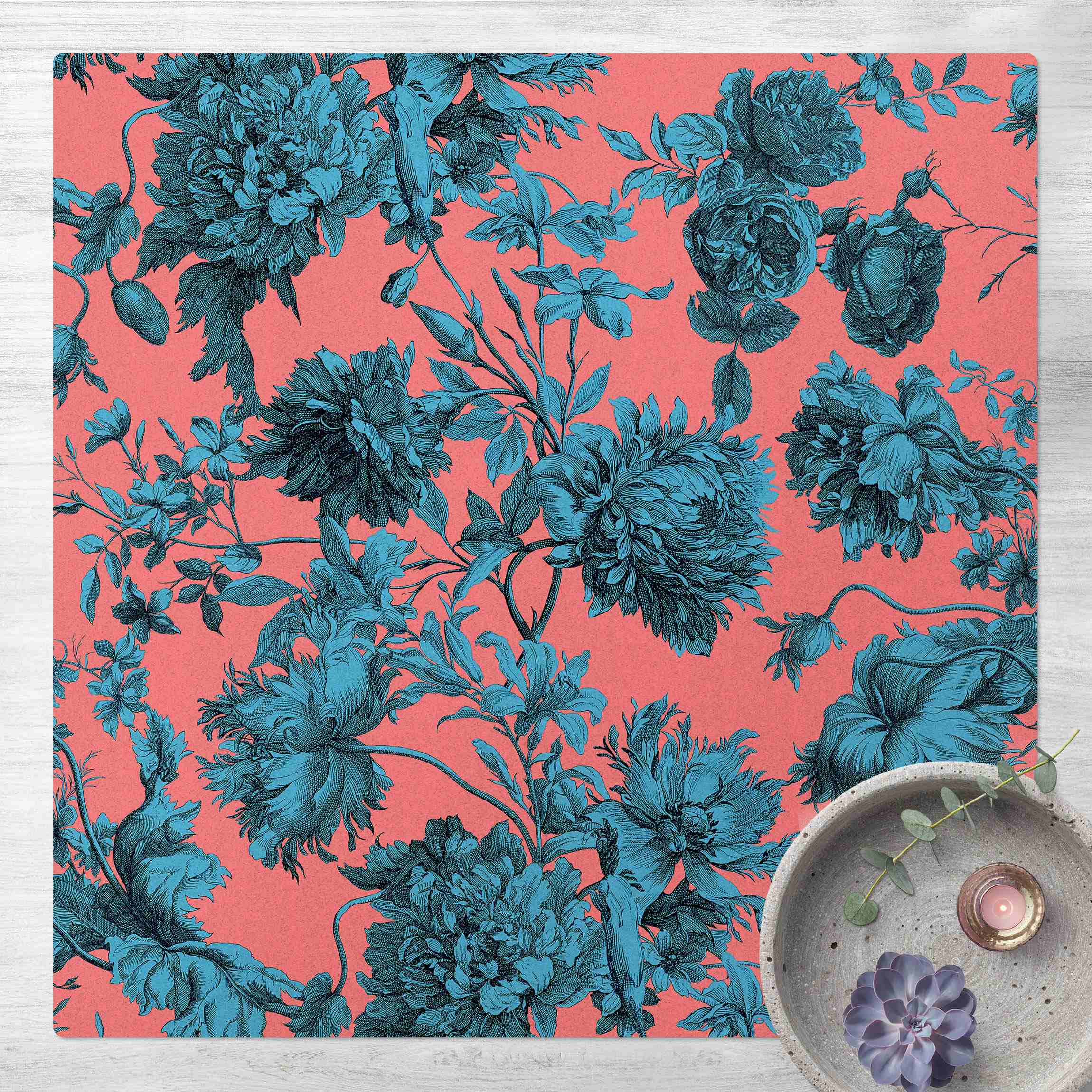 Kork-Teppich Floraler Kupferstich Blaukoralle
