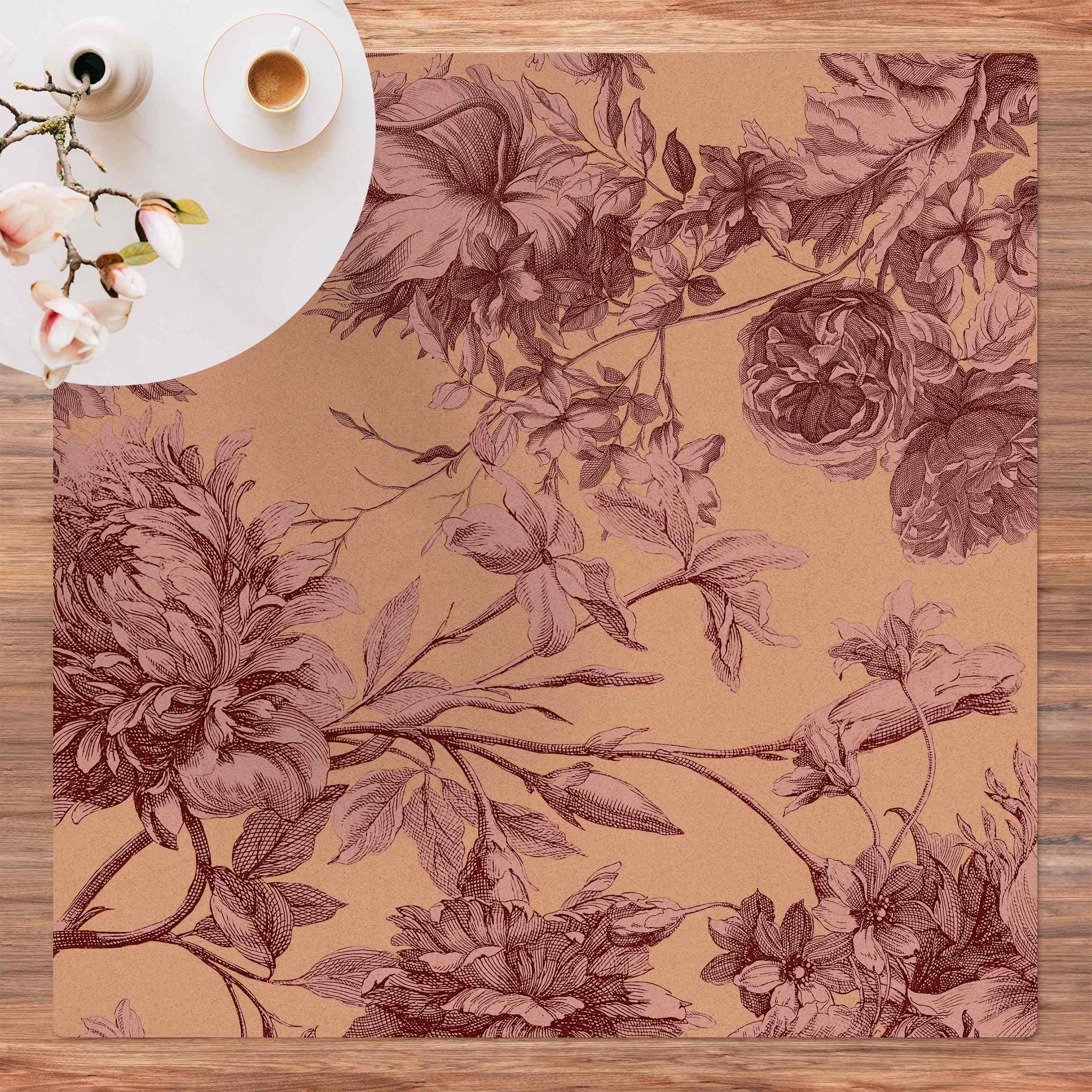 Kork-Teppich Floraler Kupferstich Geflecht Altrosa