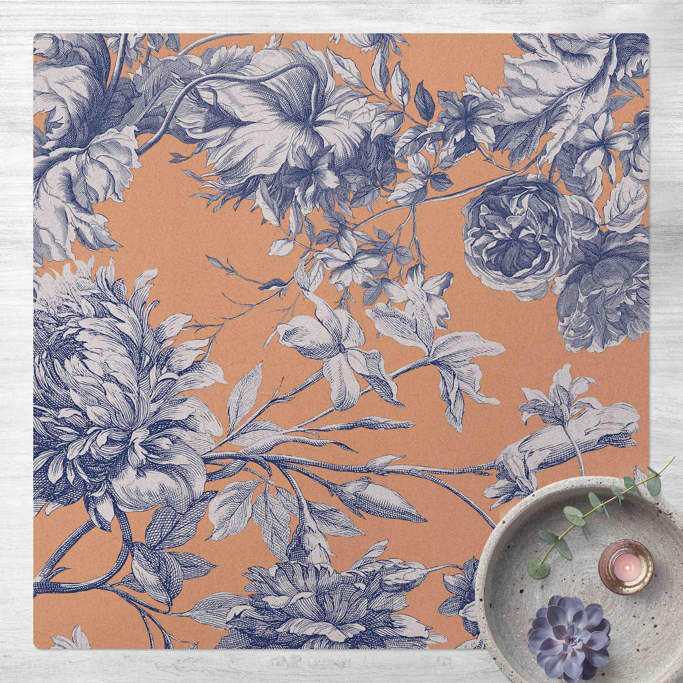 Kork-Teppich Floraler Kupferstich Geflecht Königsblau