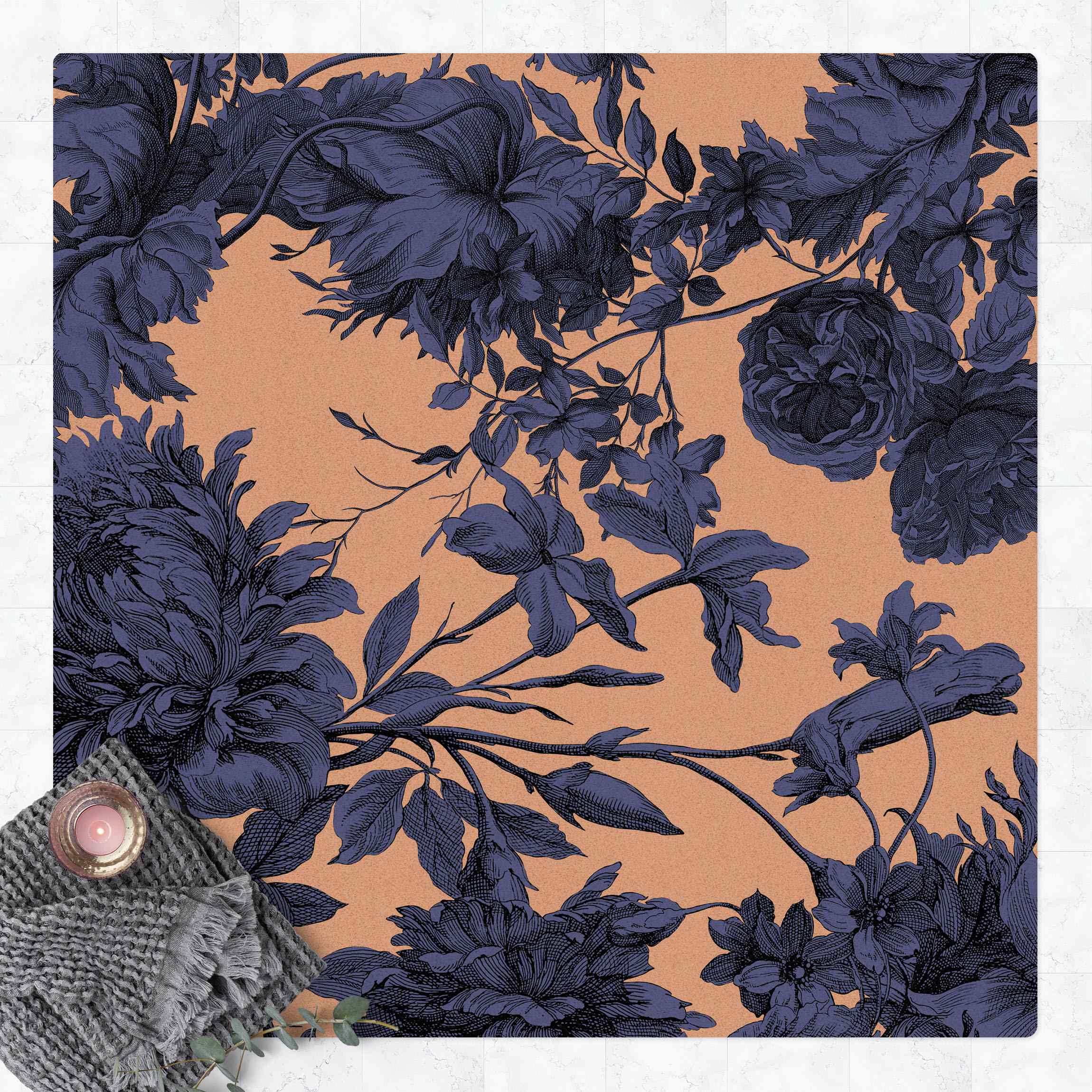 Kork-Teppich Floraler Kupferstich Geflecht Nachtblau