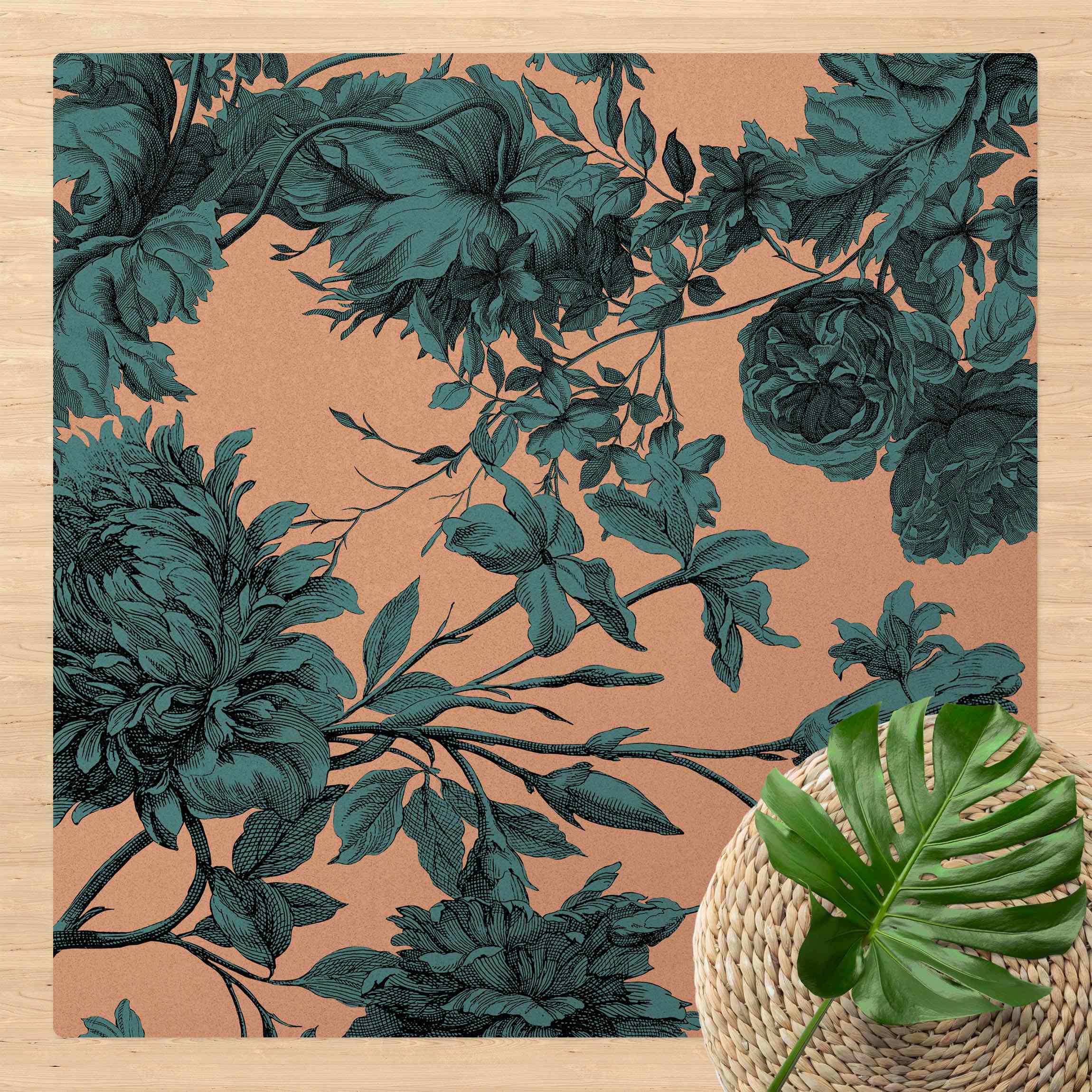 Kork-Teppich Floraler Kupferstich Geflecht Petrol