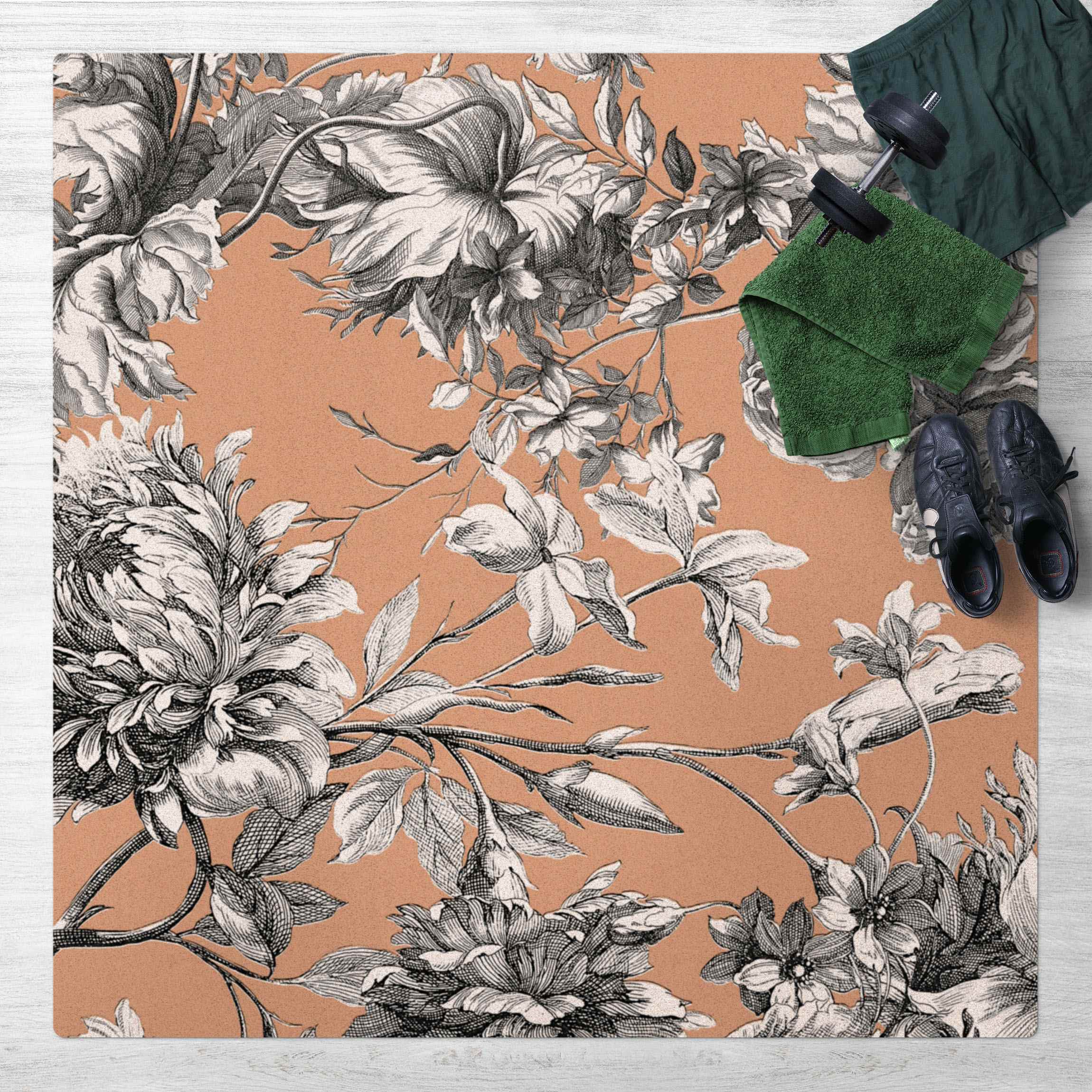 Kork-Teppich Floraler Kupferstich Geflecht Schwarz Weiß